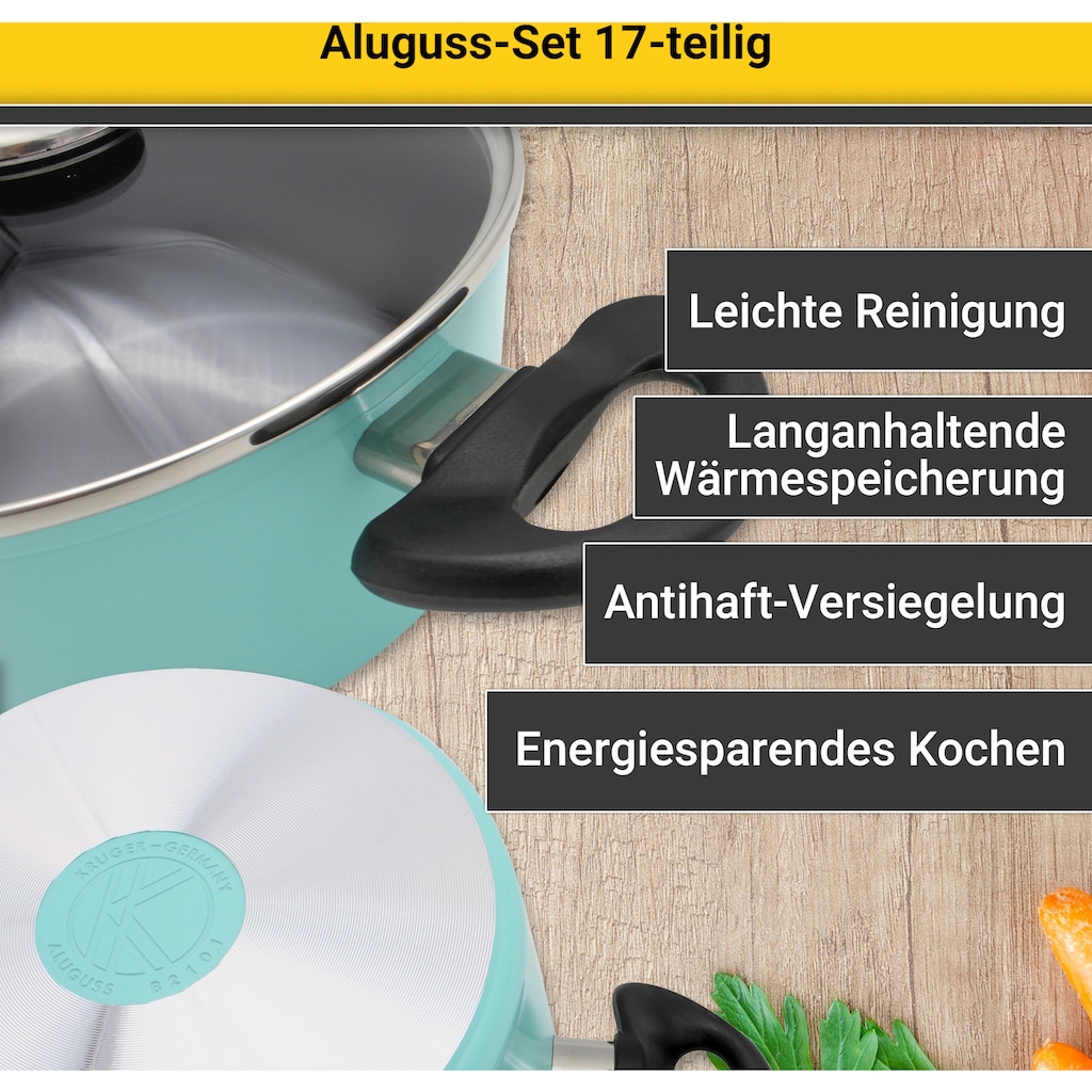 Krüger Topf-Set, Aluminiumguss, (Set, 17 tlg., Fleischtopf 16/18/20/24 cm, Stieltopf 16 cm, Steakpfanne)