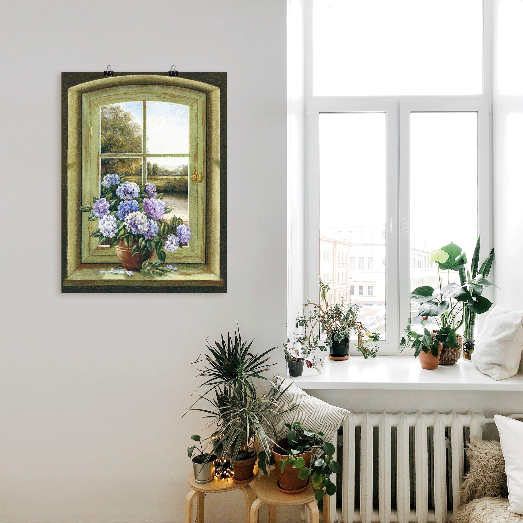 Wandaufkleber »Hortensien als Wandbild Leinwandbild, auf Fenster«, in Artland oder St.), Größen versch. Rechnung Alubild, am Arrangements, (1 kaufen Poster
