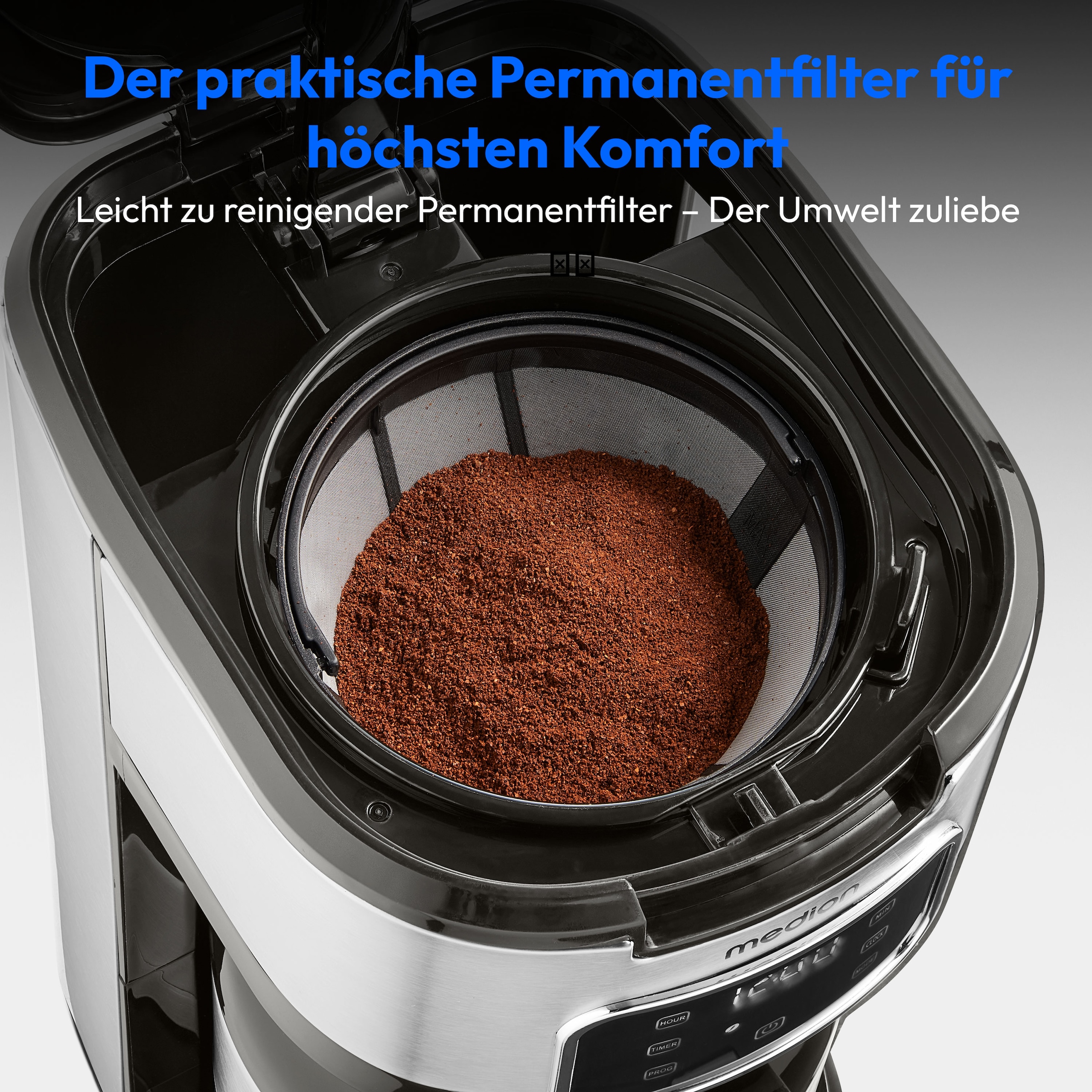 Medion® Filterkaffeemaschine »MD 11019« 1,25 l Kaffeekanne Permanentfilter 900 Watt, Touch-Sensor-Bedienfeld, 24 Stunden Timer, Permanentfilter
