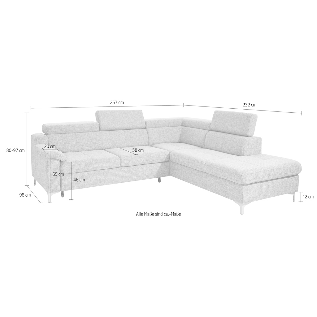 exxpo - sofa fashion Ecksofa, mit Kopf- bzw. Rückenverstellung, wahlweise mit Bettfunktion und Bettkasten