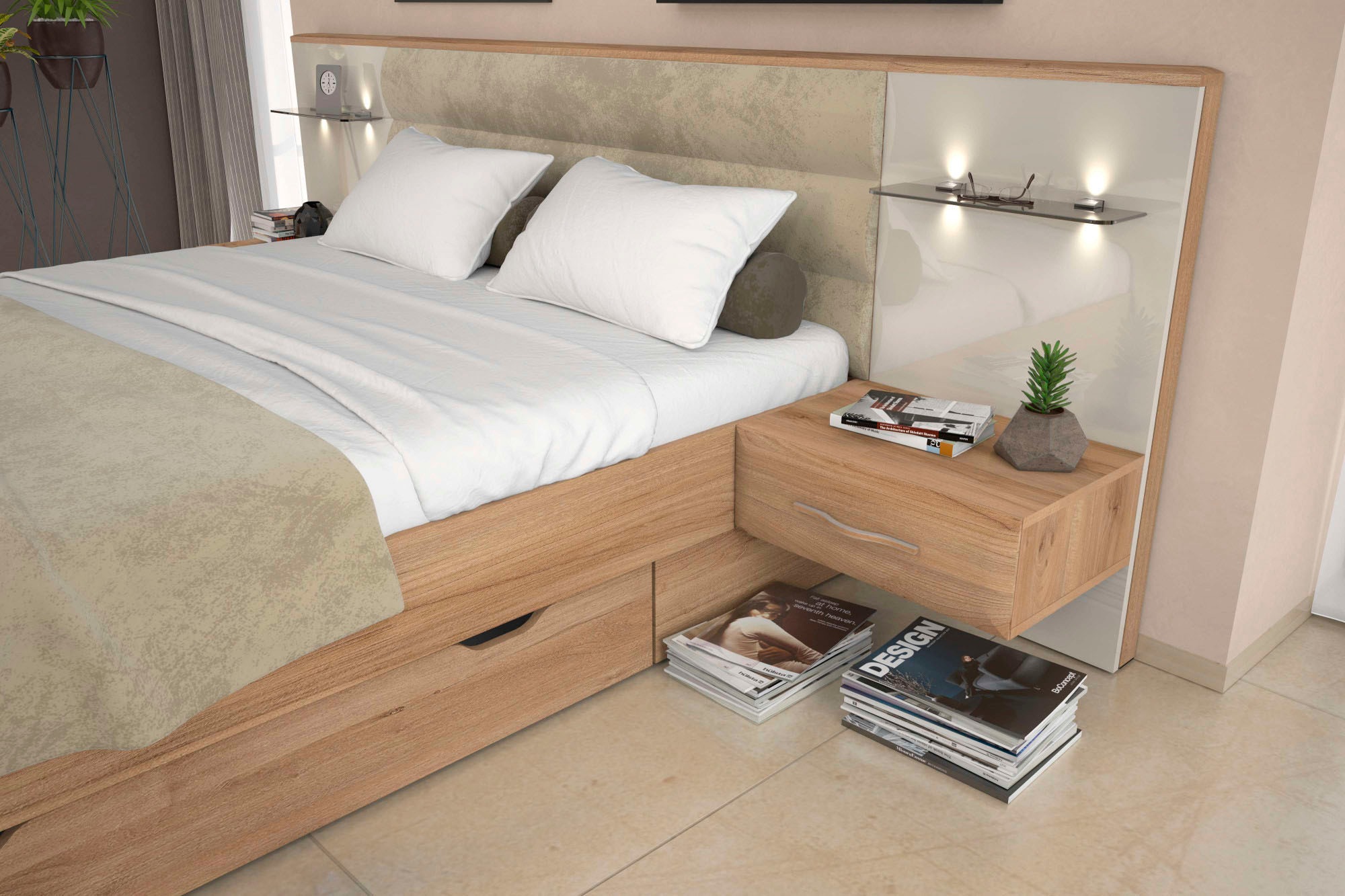 Home affaire Nachtkonsole »Gala, beige hochglänzend UV lackiert und melaminbeschichtet, kratzfest«, (Schublade mit Soft-Close-Funktion, 56x47x100cm (BxTxH), mit Beleuchtung,wahlweise rechte oder linke Bedienung,FSC-zertifiziert