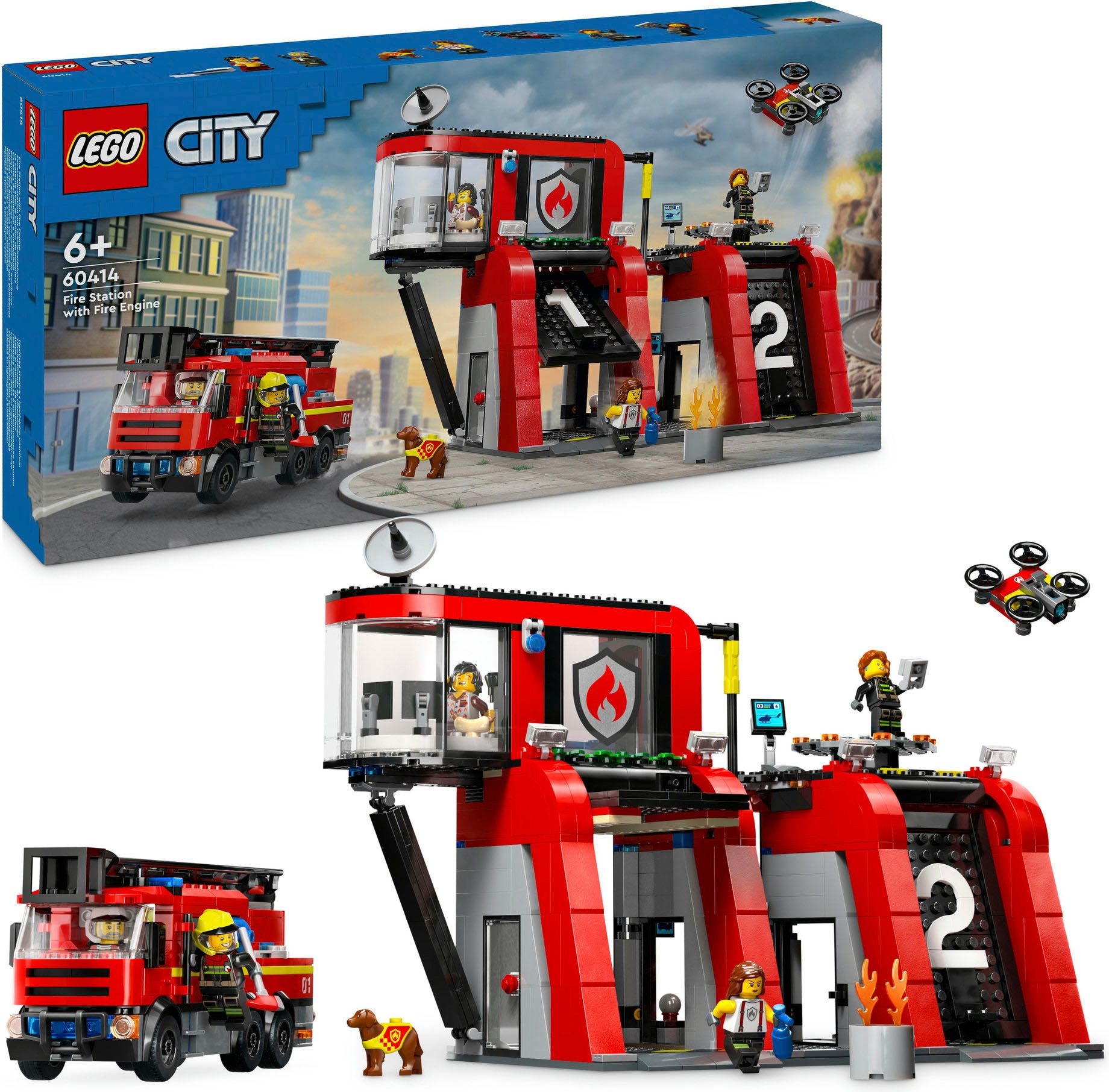 LEGO® Konstruktionsspielsteine »Feuerwehrstation mit Drehleiterfahrzeug (60414), LEGO City«, (843 St.), Made in Europe