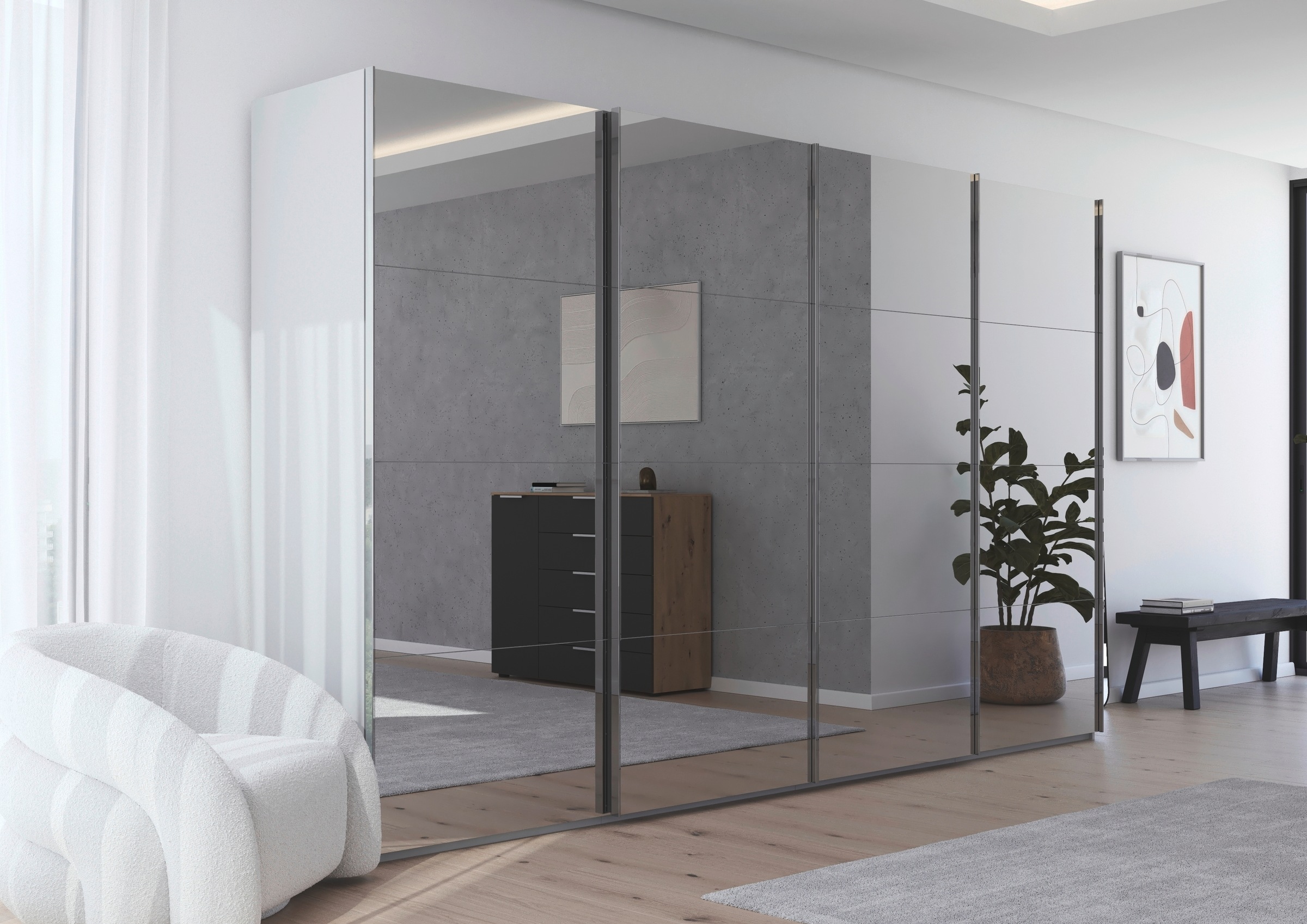 rauch Schwebetürenschrank »Kleiderschrank Schrank Garderobe Schlafzimmerschrank SCALE-FYRA«, edle viergeteilte Türen, Spiegelfront und viele Farben MADE IN GERMANY