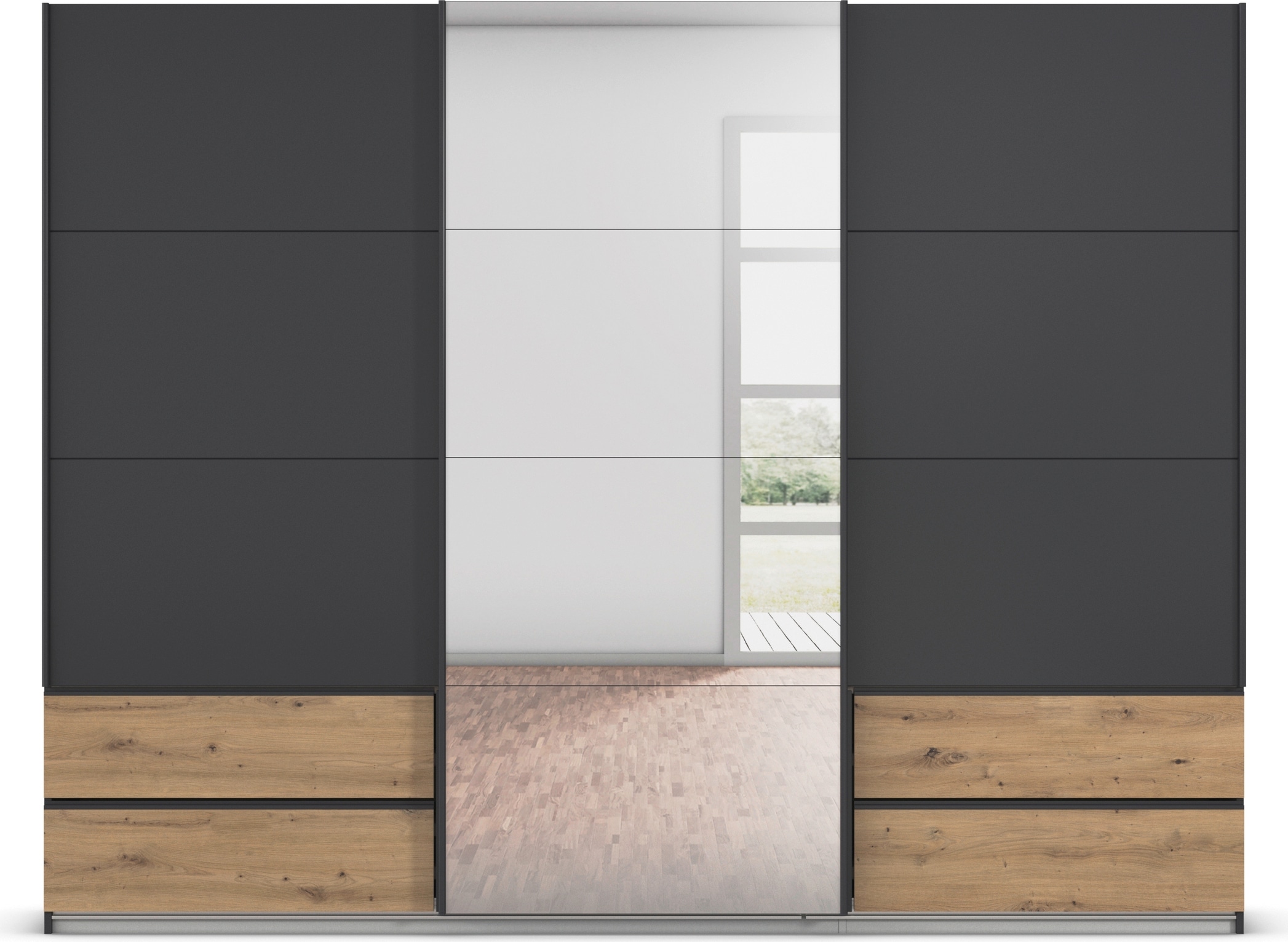 rauch Schwebetürenschrank »Kleiderschrank Schrank Garderobe Wäscheschrank ELARA mit Spiegel«, praktische Schubladen optional farblich abgesetzt MADE IN GERMANY