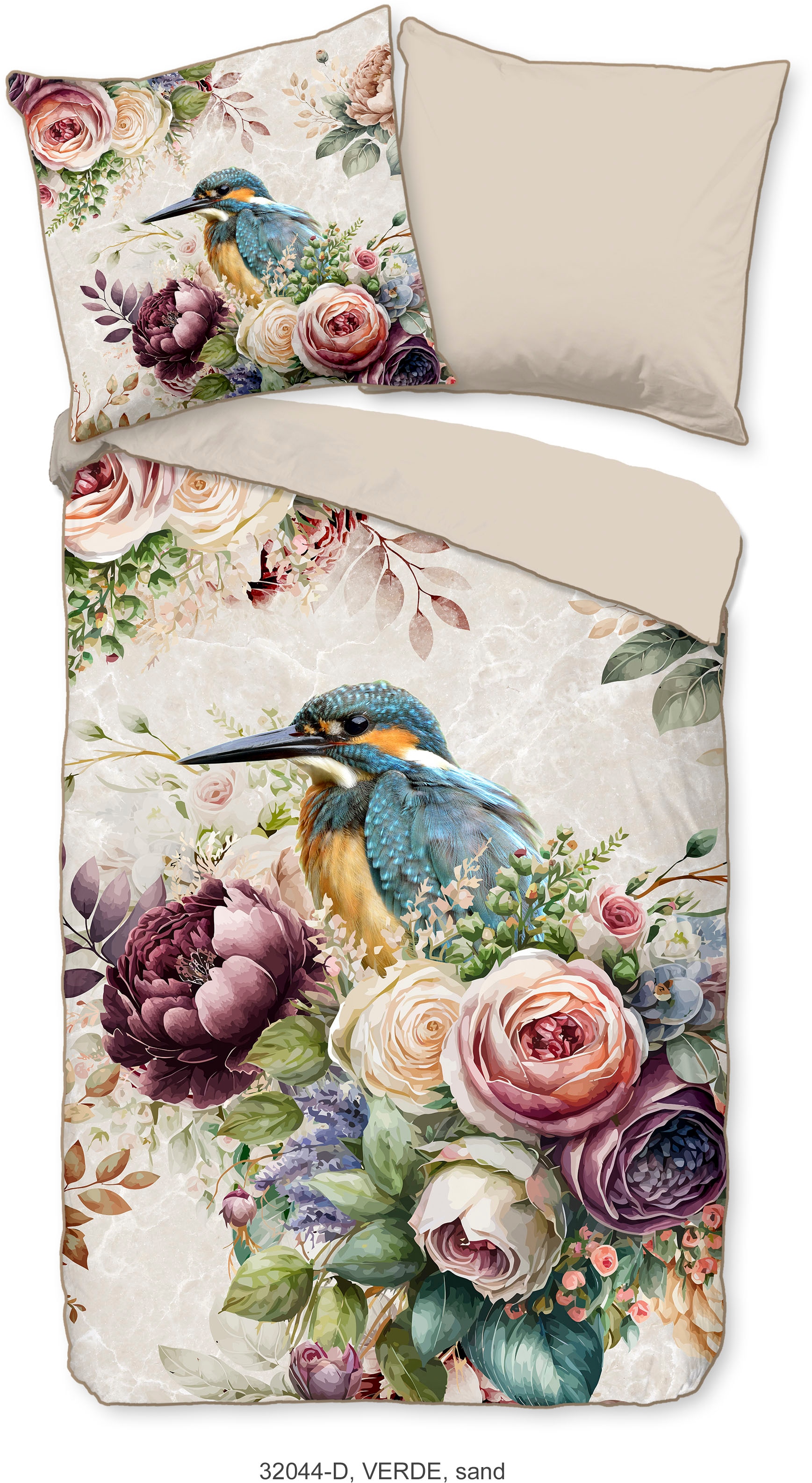 Descanso Wendebettwäsche »Verde«, Mako Satin, 135x200, Biese, Reißverschluss, Wendeoptik, Blumen, Sand