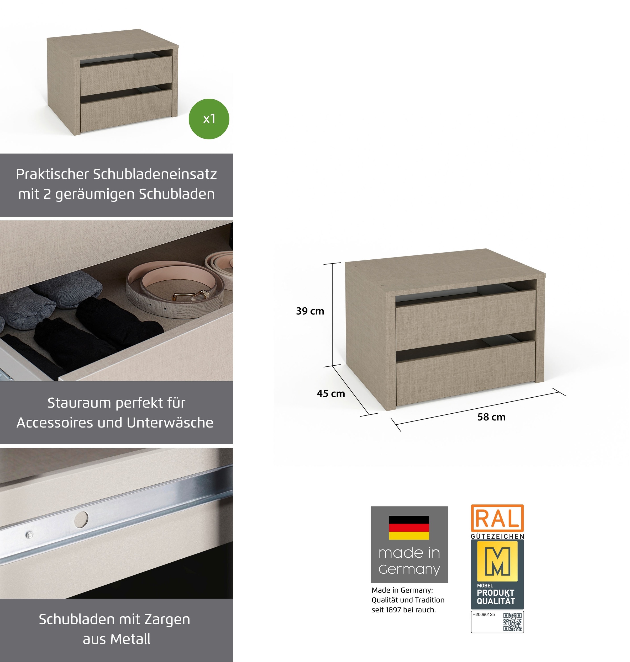 rauch Schubladeneinsatz »Zubehör für Rauch-Schwebetürenschränke BLUE« Breite 58 cm, Tiefe 45 cm, mit 2 Schubladen