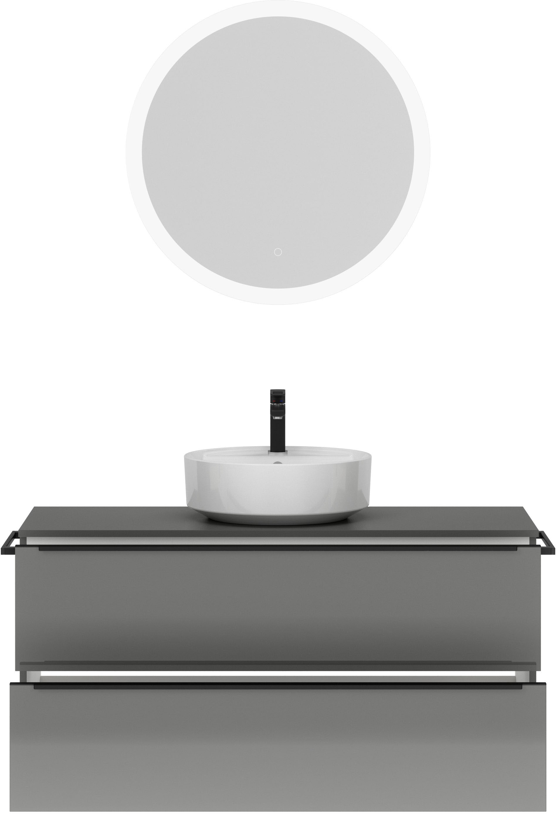 nobilia® Badmöbel-Set »Alvene«, (2 St., vormontiert, mit Soft-Close), Hochglanz, inkl. Spiegel mit Touch-Sensor, in vier Breiten