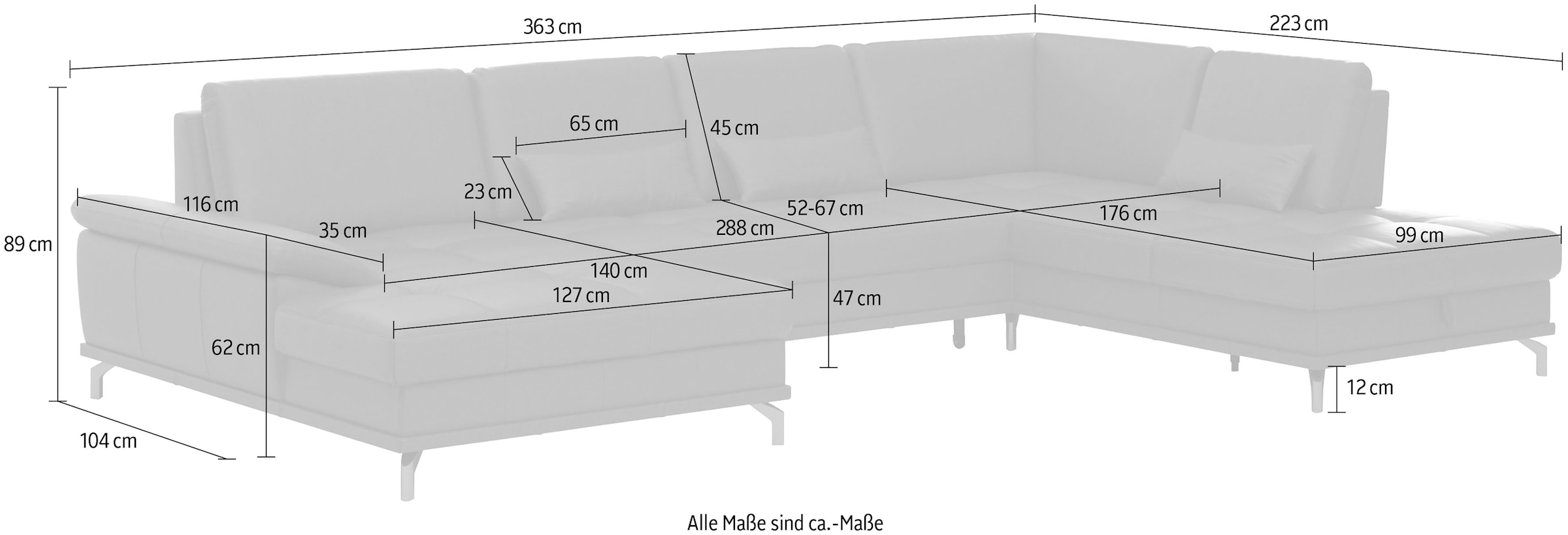 Places of Style Wohnlandschaft »Costello U-Form«, incl. Sitztiefenverstellung und Armlehnfunktion, 3 Nierenkissen