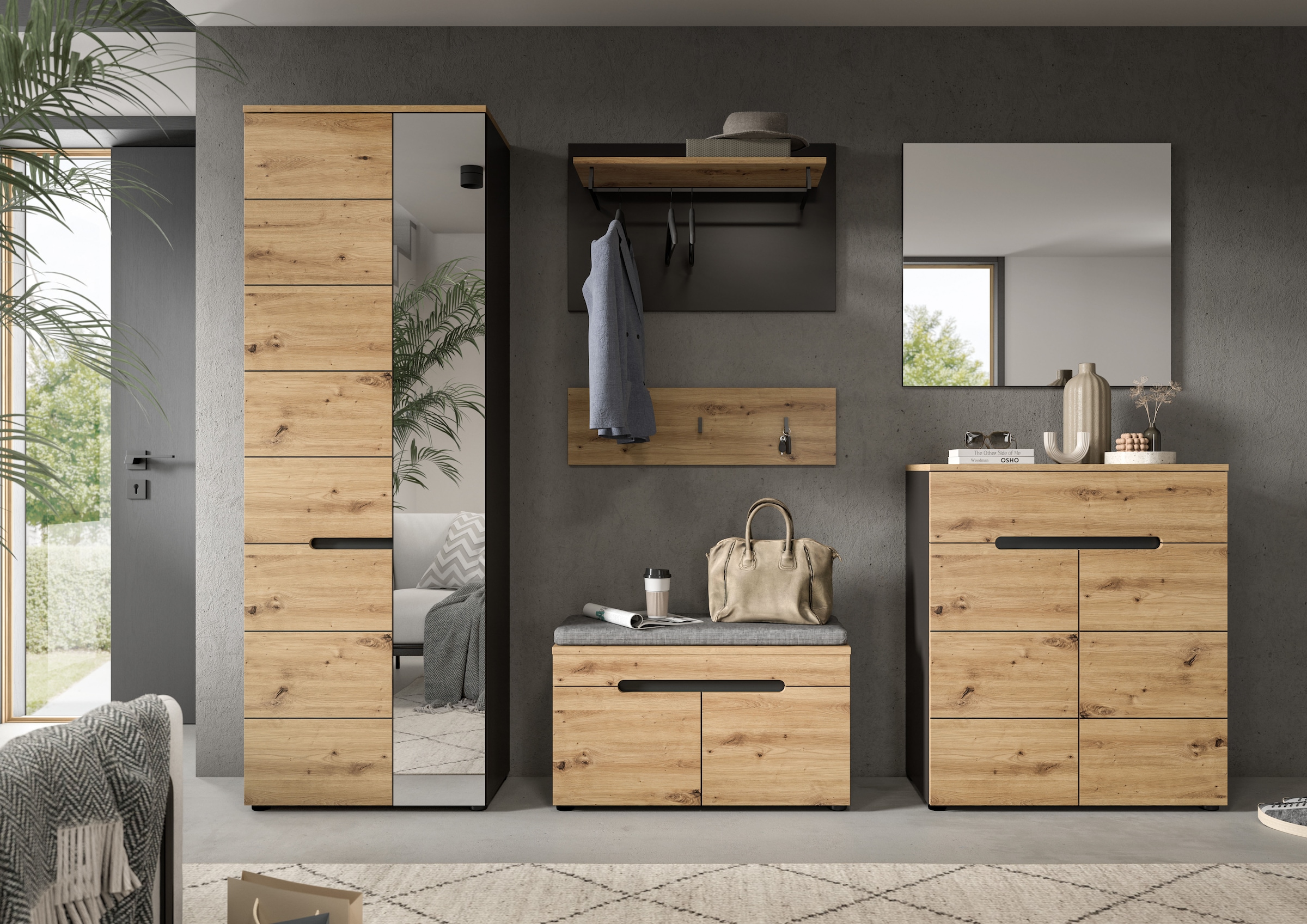INOSIGN Garderoben-Set, (Set, 6 St., Schrank, Sitzbank, Sitzkissen, Paneel, Hakenleiste, Spiegel, Kommode), Garderobenkombination, Kombination, Set, Flurgarderobe, Diele