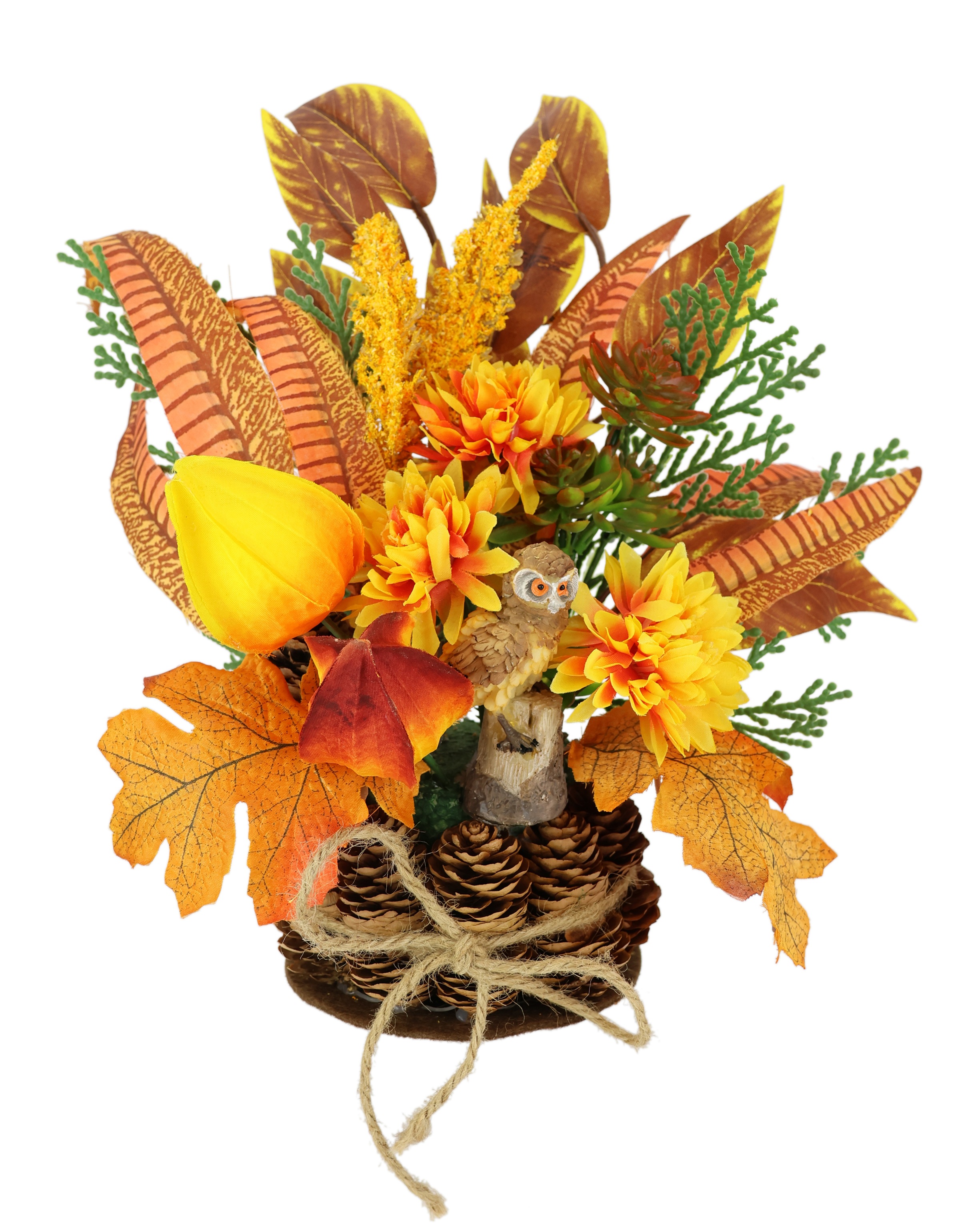 I.GE.A. Kunstblume »Herbstgesteck Chrysanthemen«, Im Zapfentopf mit Physalis, Eule, Herbstlaub
