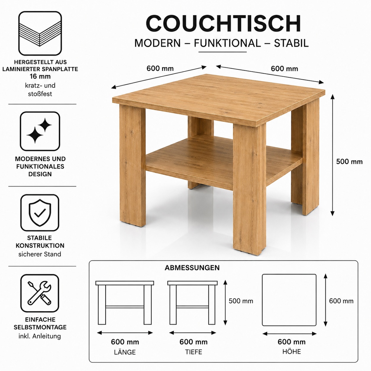 OTTO home Couchtisch »CT 2 Wohnzimmertisch, Sofatisch, Beistelltisch, Kaffeetisch« Mit Ablage, quadratisch/rechteckig, weiß Hochglanz oder Sonoma-Dekor