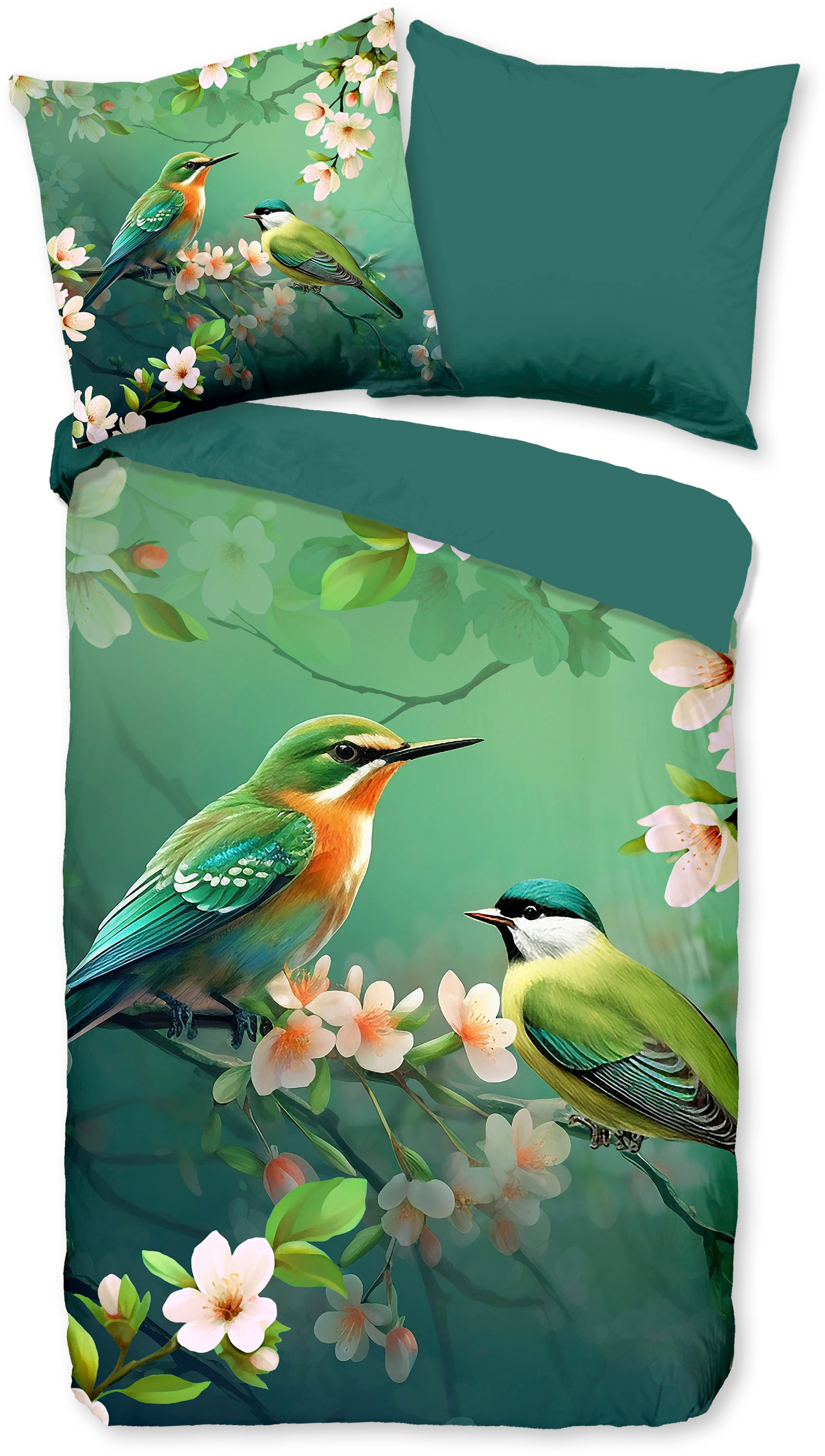PURE luxury collection Wendebettwäsche »Signi«, 135x200, Pflegeleicht, Reißverschluss, Wendeoptik, Blumen, Vogel, Grün