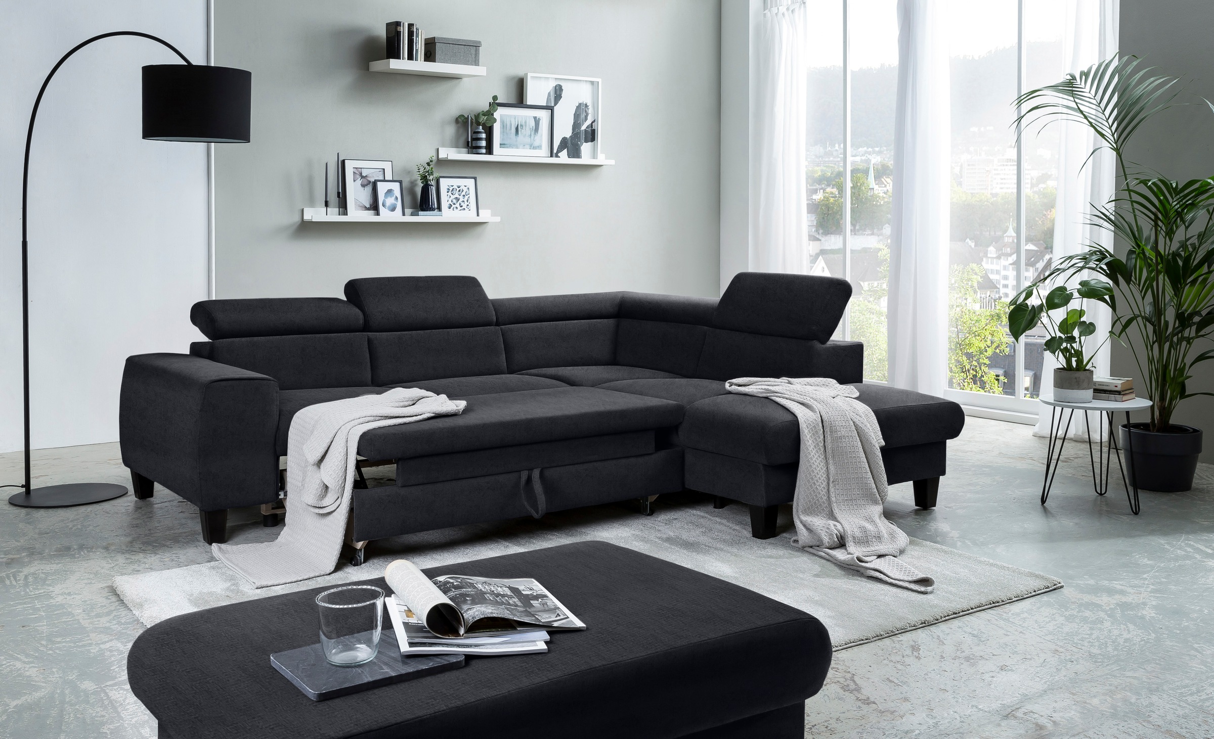 COTTA Ecksofa »Morven L-Form mit Kopfteilverstellung«, wahlweise mit Bettfunktion, Bettkasten & Wireless-Charger