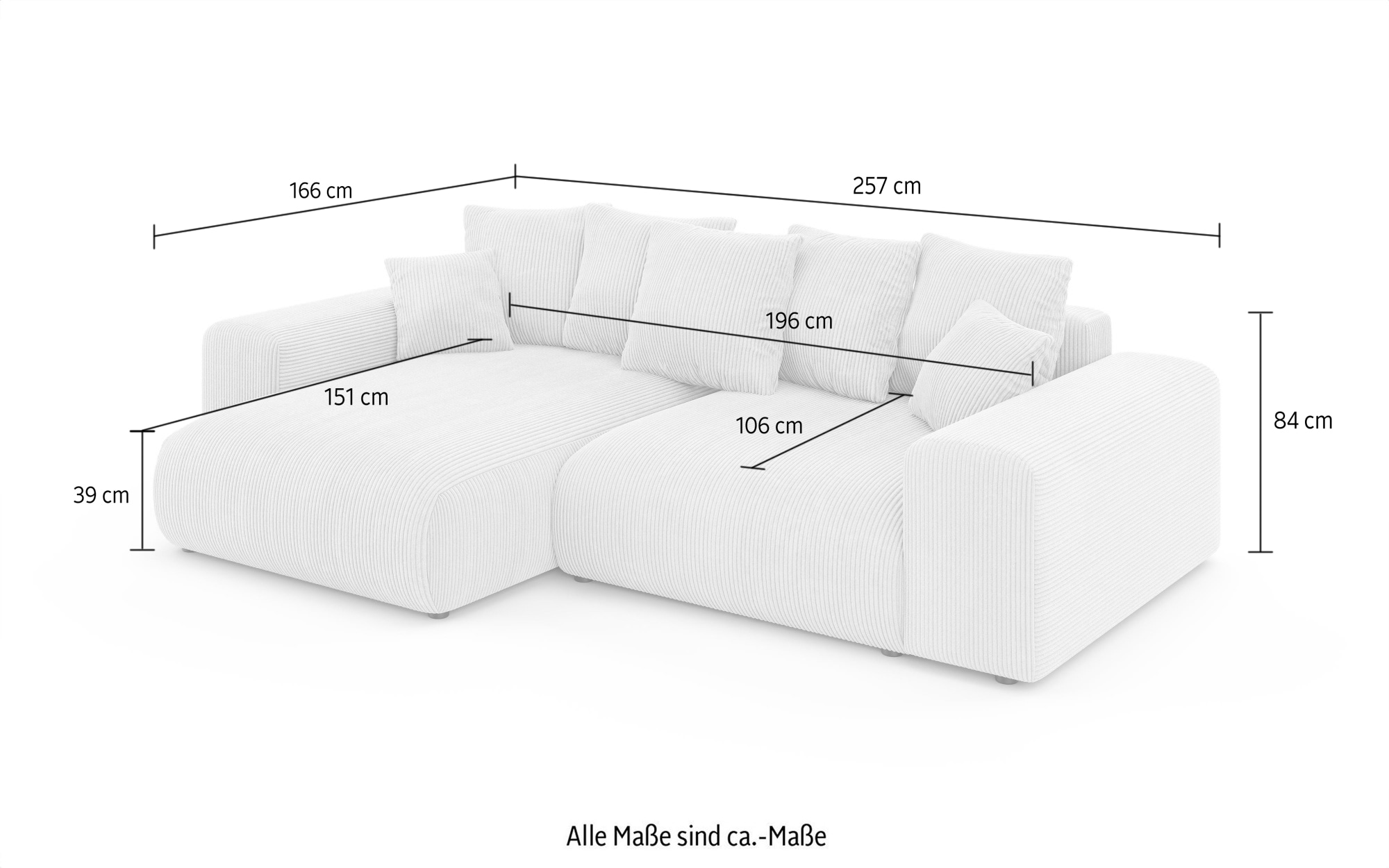 INOSIGN Ecksofa »LAKESIDE mit Bettfunktion und Bettkasten, B/T/H 257/166/84 cm«, L-Form, Recamiere beidseitig montierbar, Wellenunterfederung