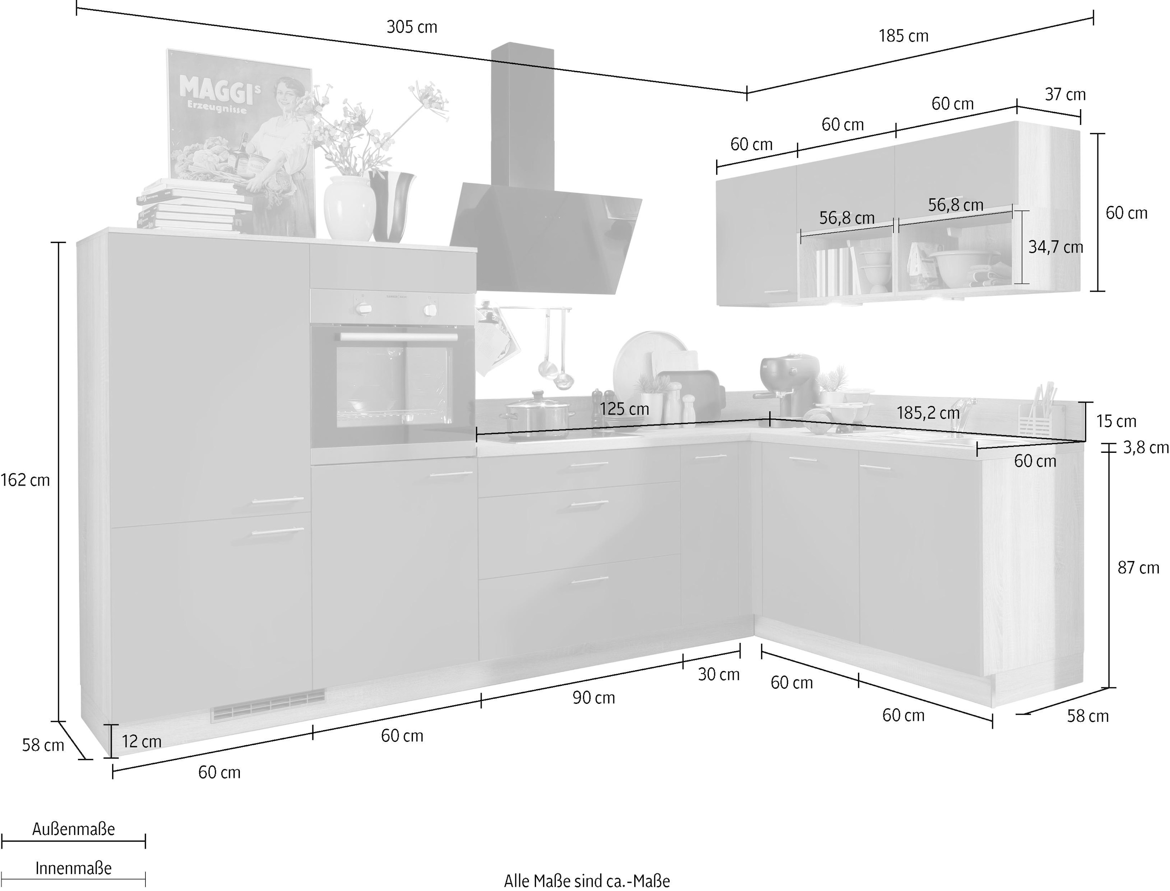 KOCHSTATION Küchenzeile »KS-Scafa, vormontiert, mit höhenverstellbaren Füßen«, vormontiert, wahlweise mit E-Geräten, Stellbreite 305 x 185 cm