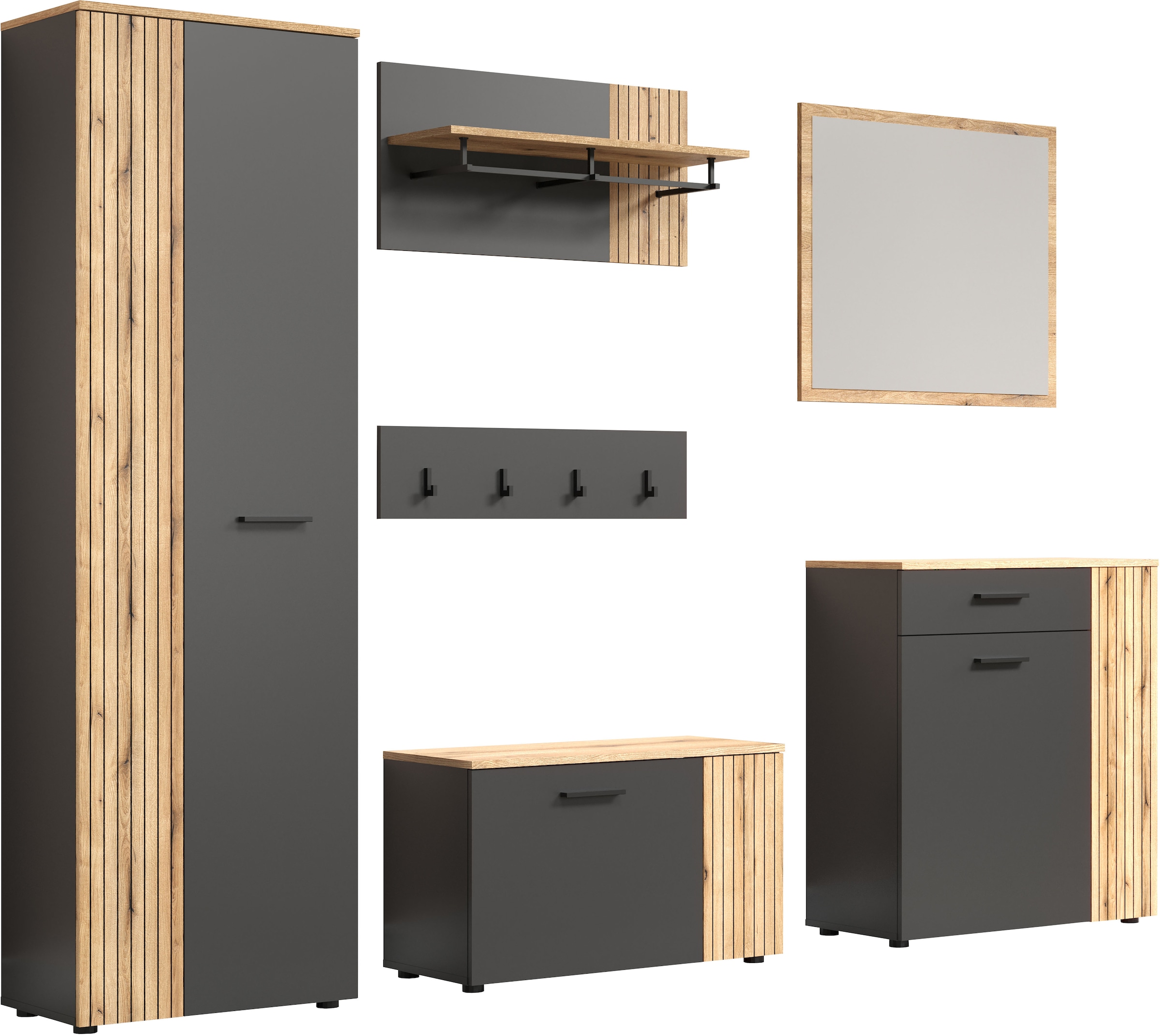 INOSIGN Garderoben-Set »Estepona«, (Komplett-Set, 6 St.), Garderobenmöbel mit Rillenoptik - Maße (B/T/H) 250/36/195 cm