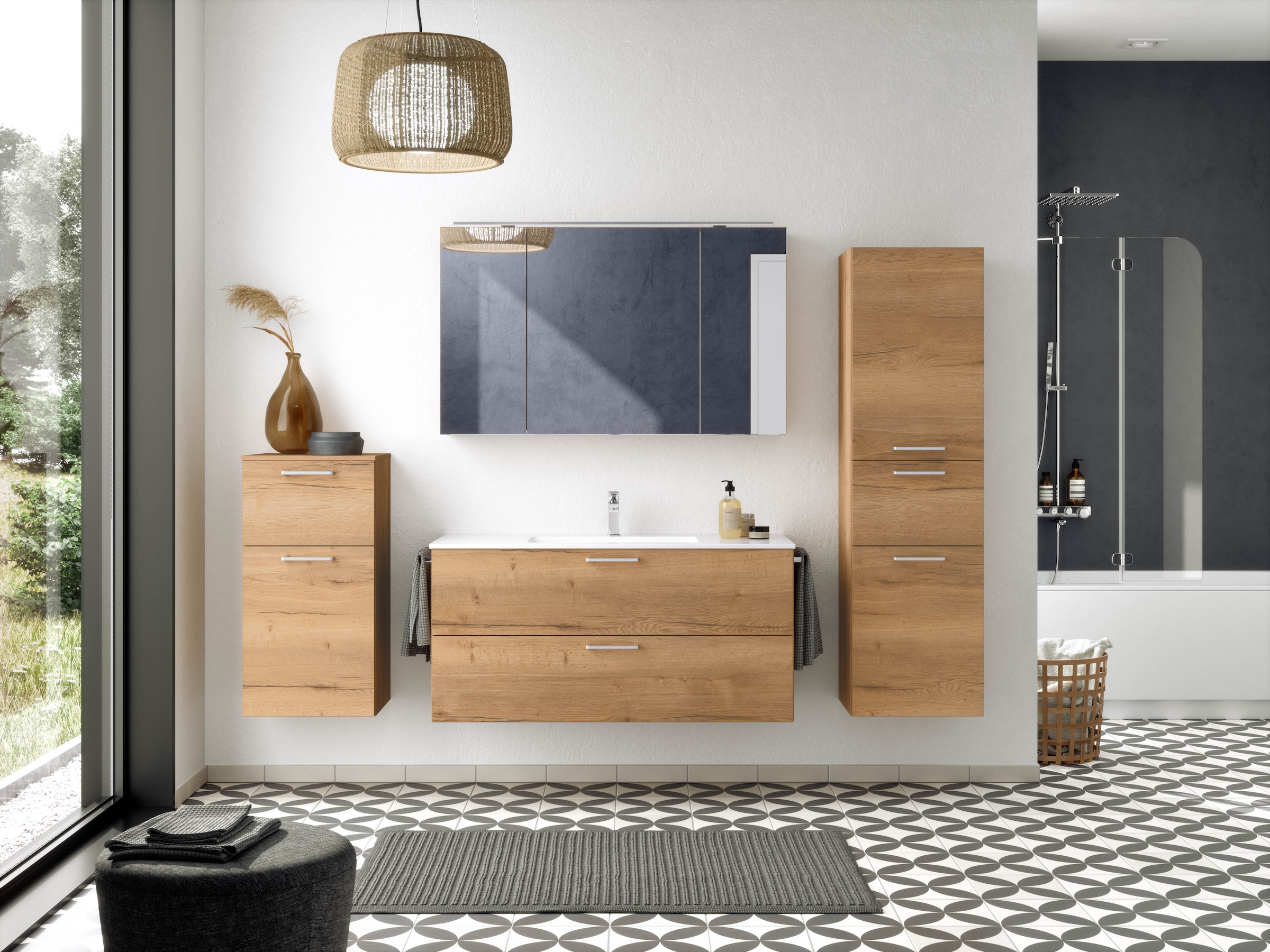 nobilia® Badmöbel-Set »Tolvina«, (2 St., vormontiert, mit Soft-Close), inkl. Spiegelschrank mit Beleuchtung und Dimmerfunktion, in 4 Breiten