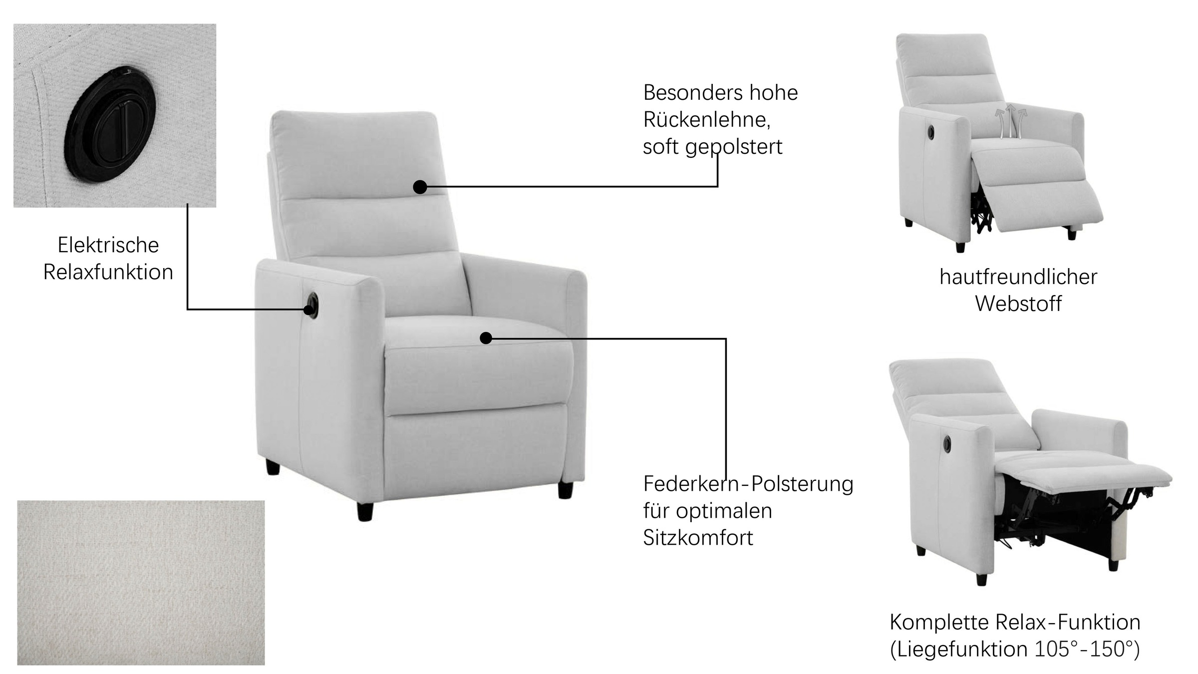 OTTO home Relaxsessel »ANNICA, TV-Sessel mit elektrischer Relax- und Liegefunktion« Federkern-Polsterung, pflegeleichter Webstoff