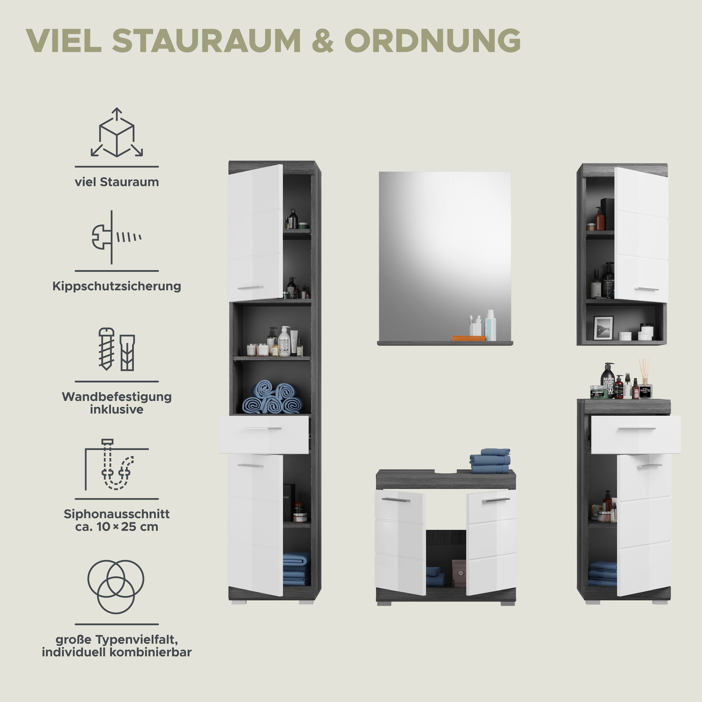 INOSIGN Badmöbel-Set »Siena, 5 teilig, bestehend aus:«, (Set, 5 St.), Hochschrank, WBU, Spiegel, Unterschrank, Hängeschrank