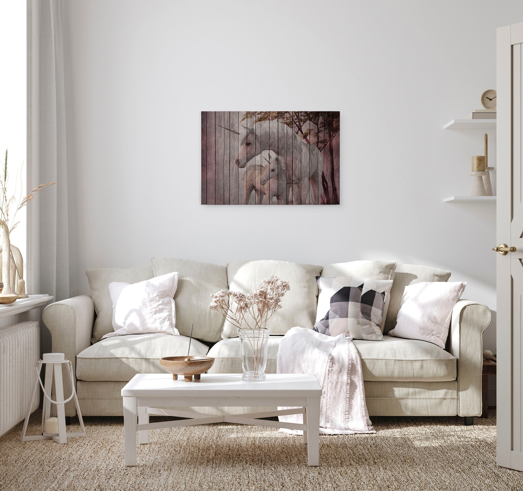 A.S. Création Leinwandbild »fantasy 4«, Kunst-Tiere-Kinder, (1 St.), Keilrahmen Bild Holzoptik Einhorn Leinwand-Bild Wohnzimmer modern Wand