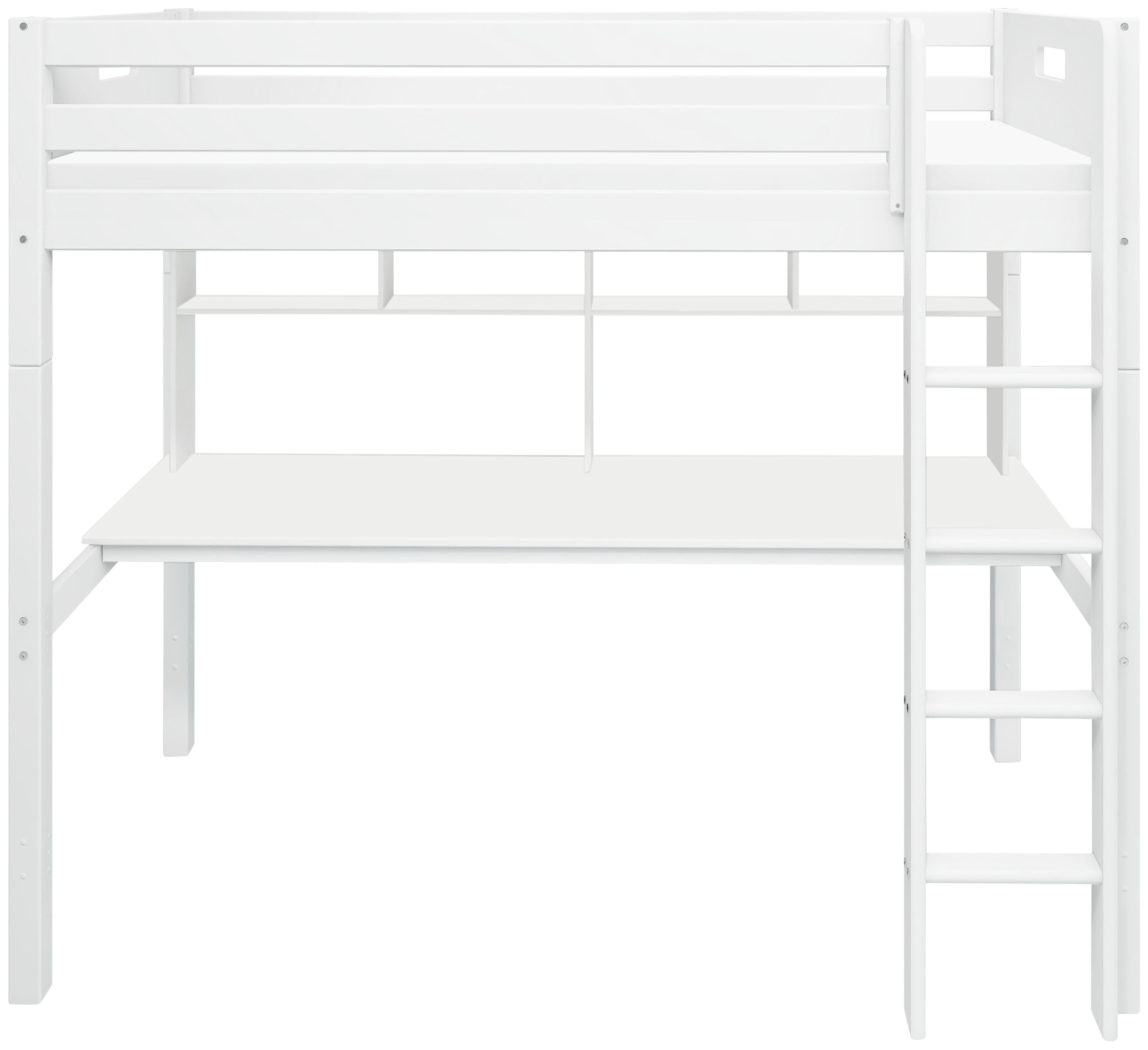 Hochbett “ Nordic“, produziert by Flexa,Umbaubar in Einzelbett, incl Rollrost, weiß Breite Absturzsicherung vorne in Kiefer-Schreibtisch und Regal