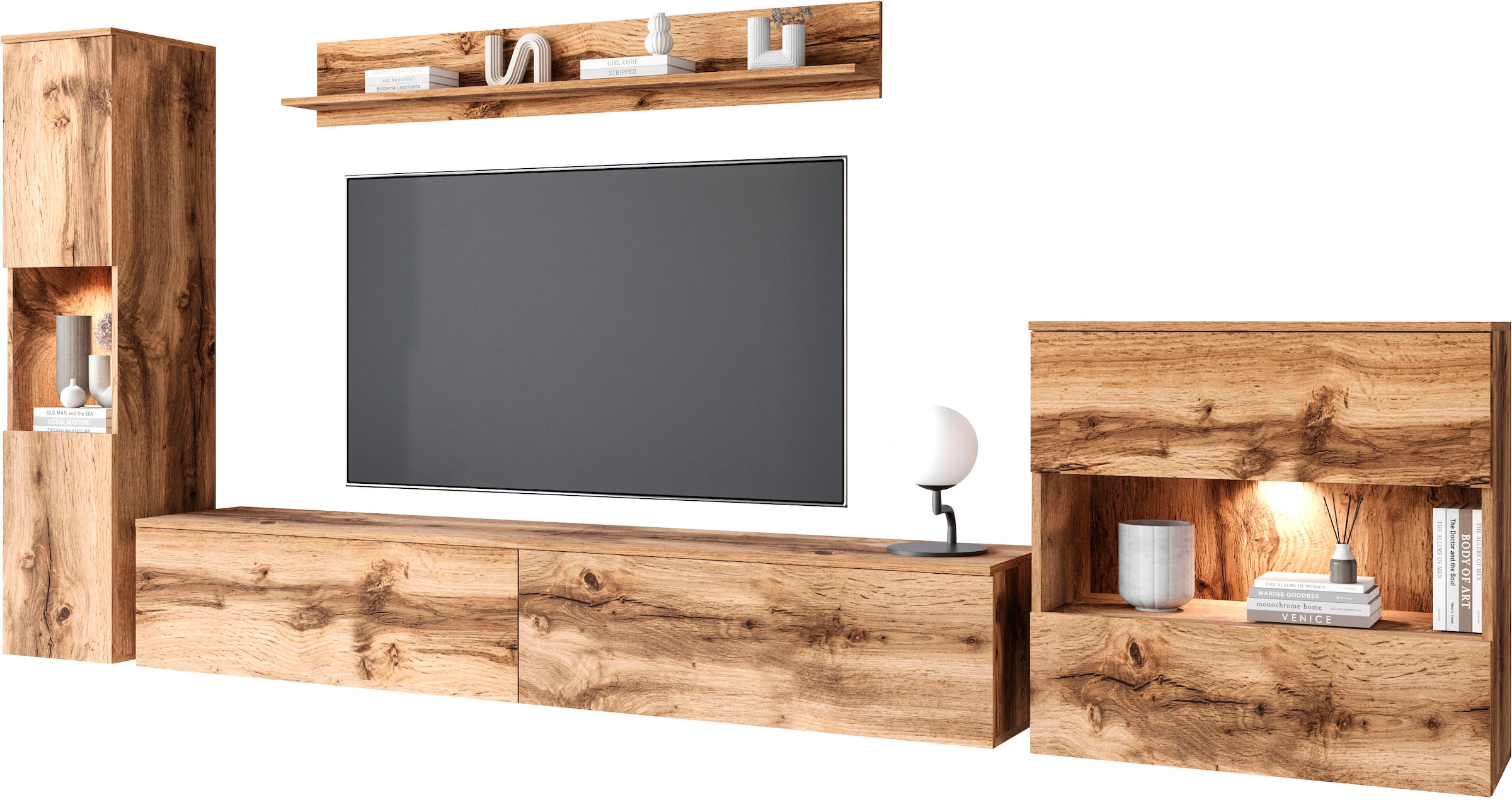 INOSIGN Wohnwand »PARIS, Vitrine Türanschlag links/rechts wechselbar«, (Komplett-Set, 4 St.), grifflose Design, stehend und hängend montierbar