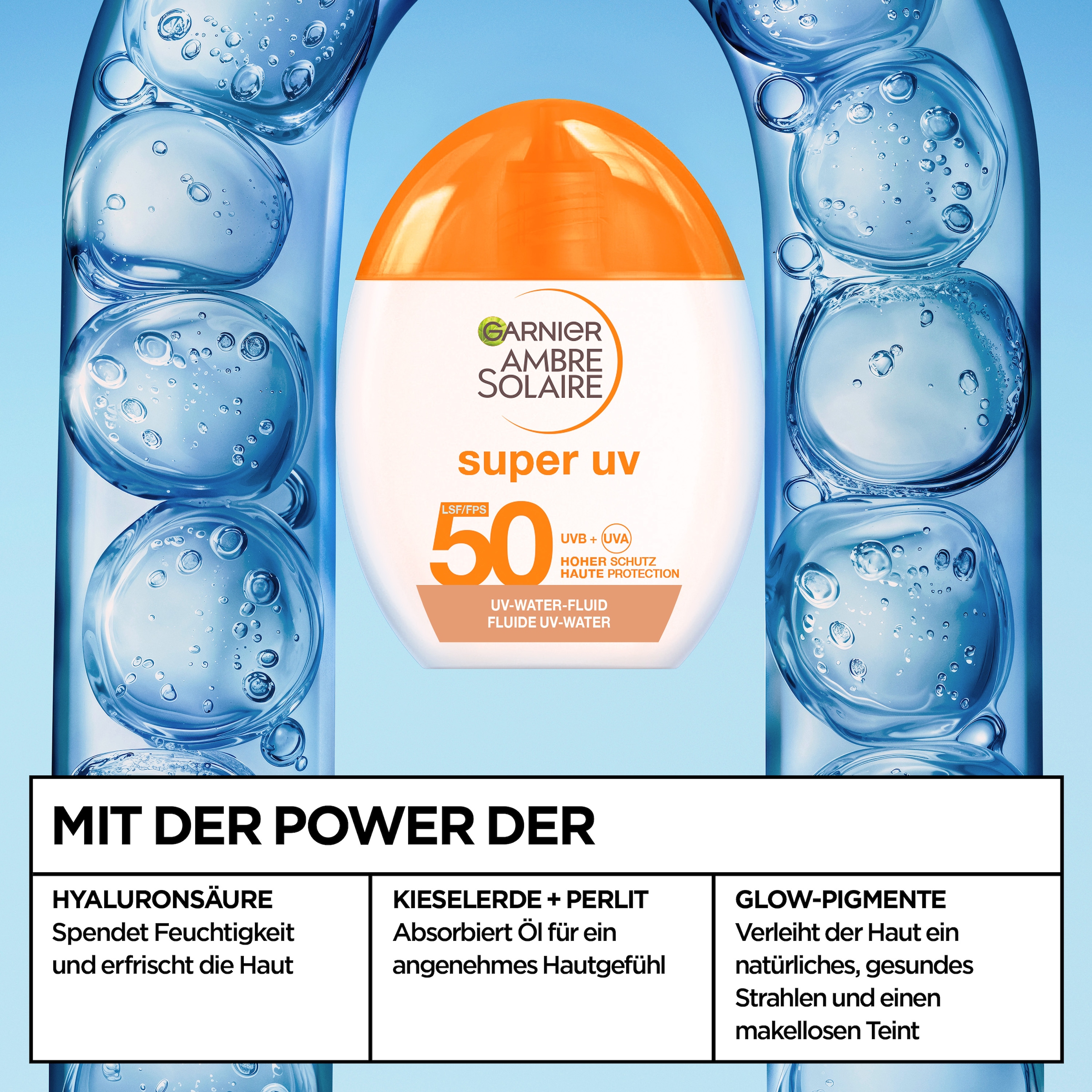 GARNIER Sonnenschutzfluid »SUPER UV UV-WATER-FLUID GLOW LSF 50« für das Gesicht, leichte Fluid-Textur, mit LSF 50