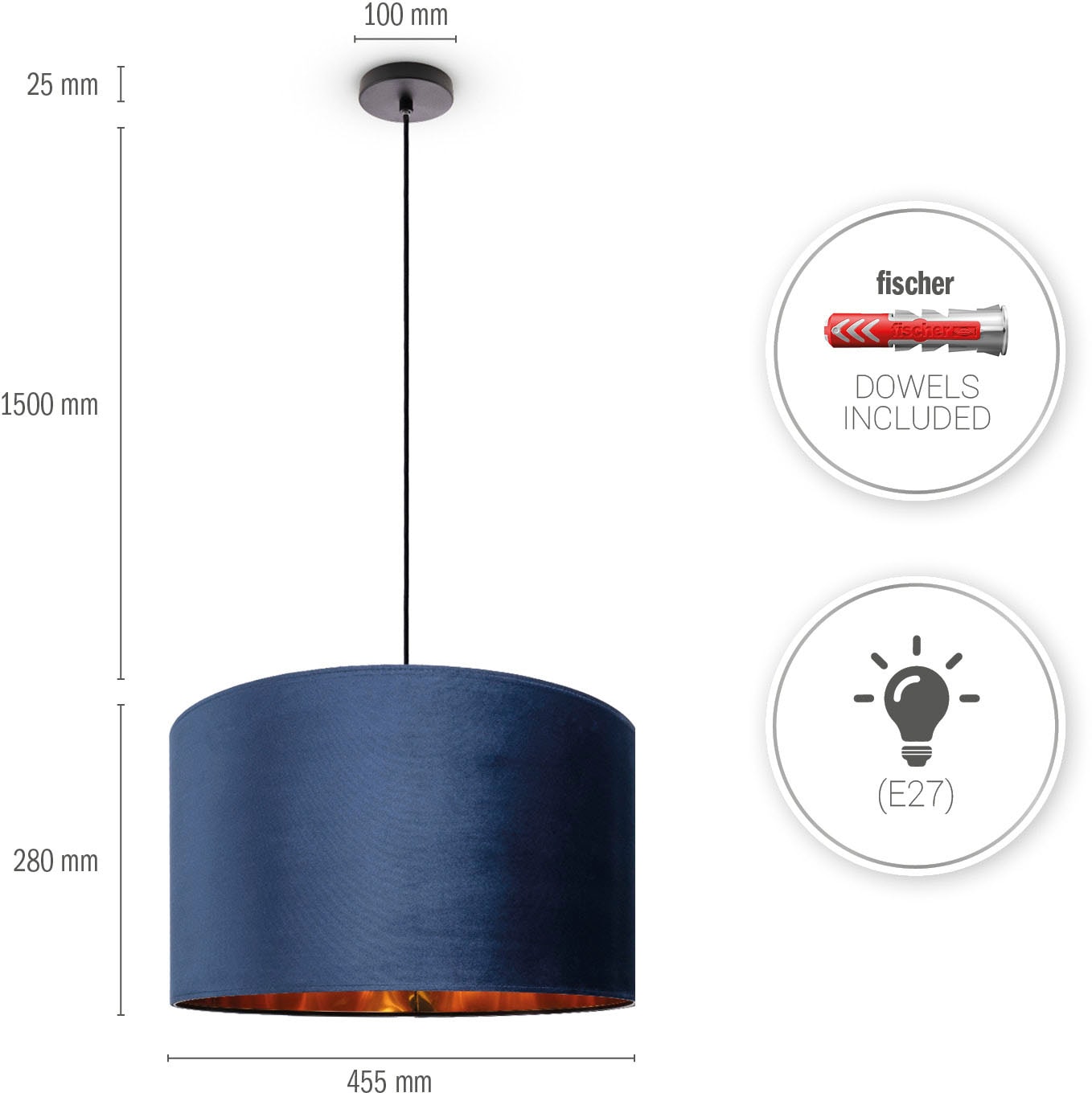 Color«, E27 Kabel Unifarben Wohnzimmer online Paco 1,5m Lampenschirm kaufen Home uni aus Deko Velour Pendelleuchte »Hugo