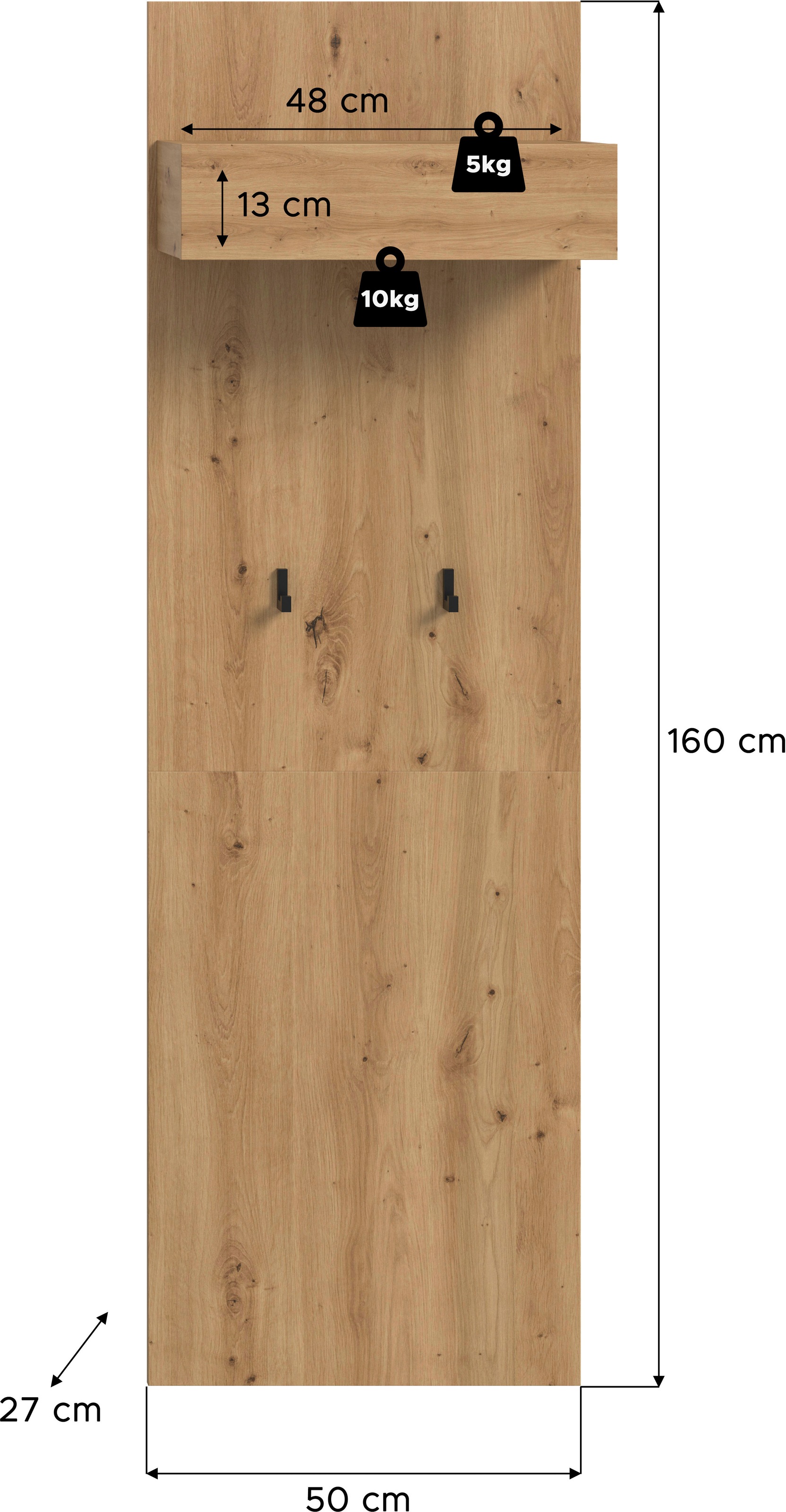 INOSIGN Garderobenpaneel »EVRID, Höhe 160 cm, inkl. 2 Metall-Haken, Kleiderstnage und Hutablage«, (1 St., individuell mit anderen Artikel der Serie EVRID erweiterbar), Paneel, Hakenleiste, Wandboard, Garderobe, Wandpaneel