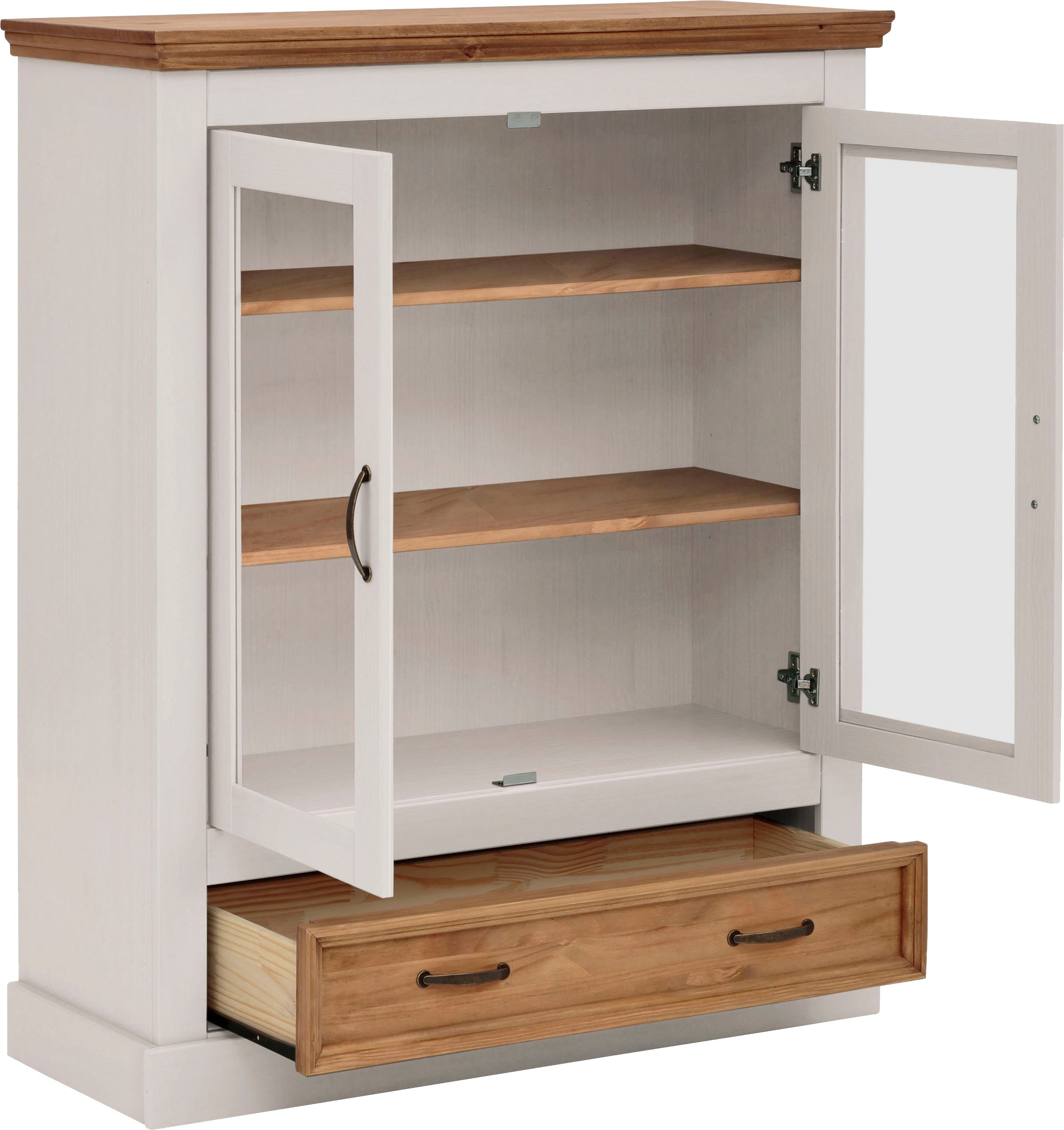 Home affaire Vitrine »Selma Highboard«, aus massivem Kiefernholz, mit Griffen aus antikisiertem Metall