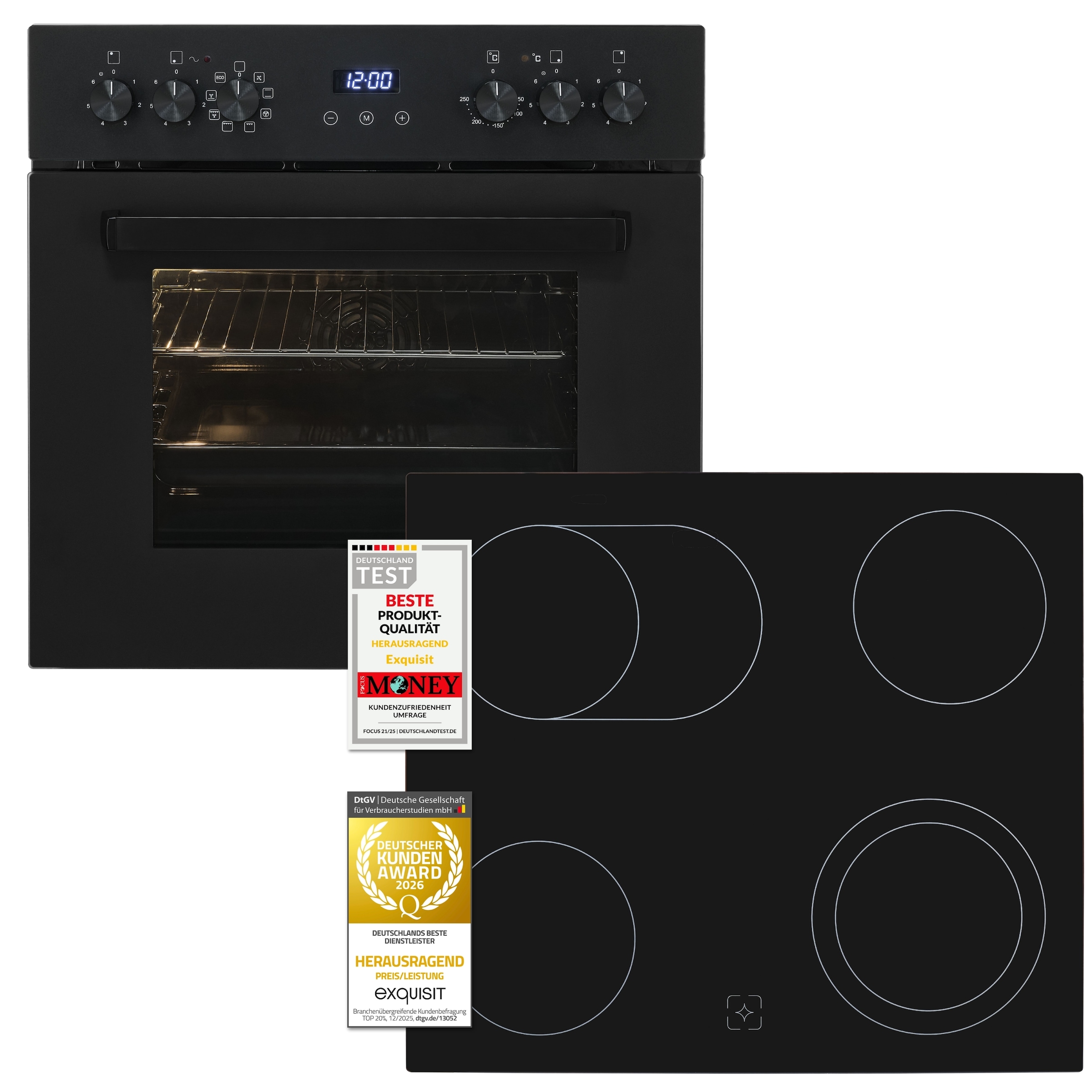 exquisit Backofen-Set »EHE367-HBZ-120 mattschwarz« Backofen | Glaskeramikkochfeld, 2 Stk. tlg. Vielseitiger Grill und 4-Zonen-Glaskeramikkochfeld – einfach & sicher!