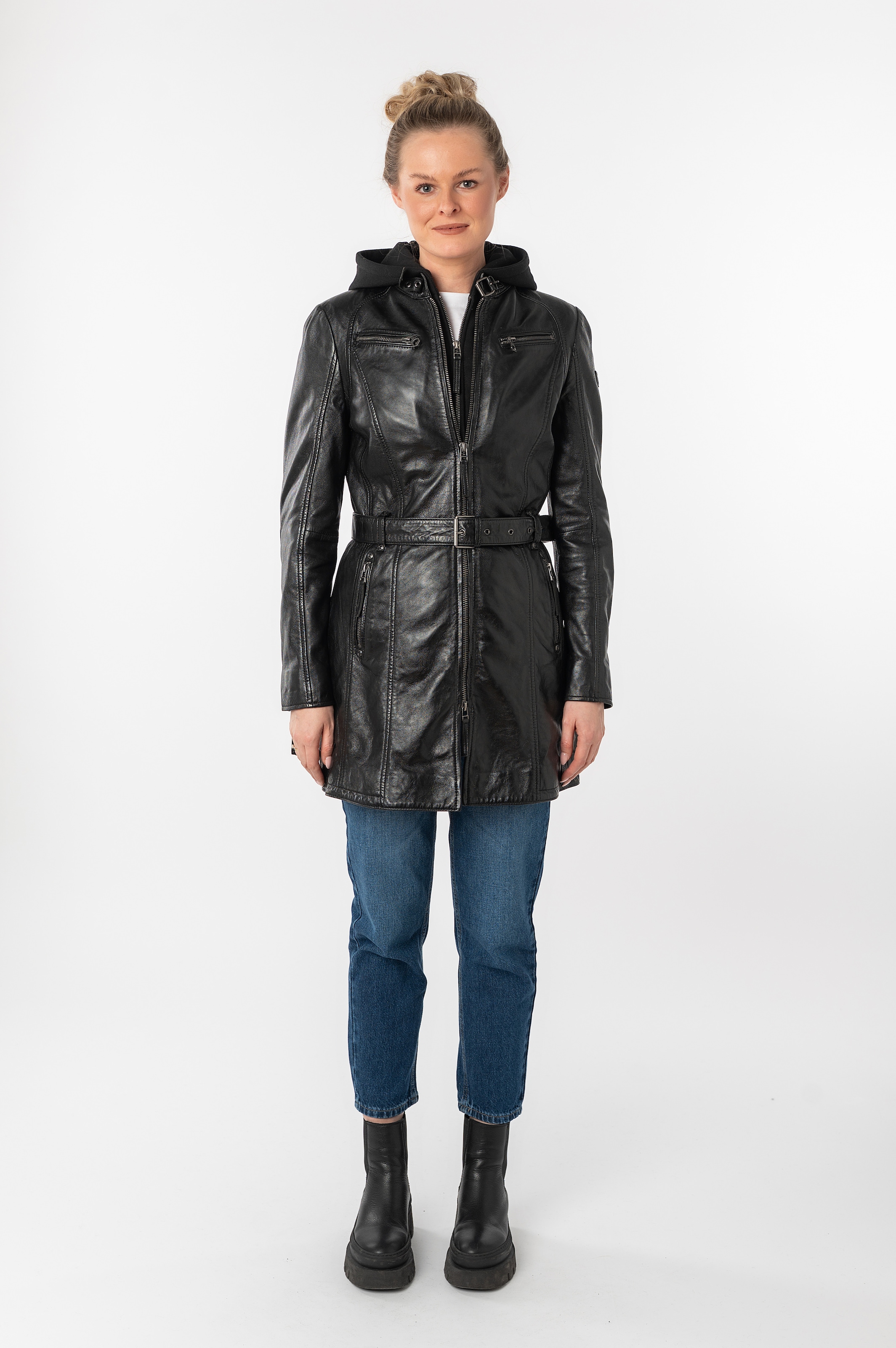 Mauritius Ledermantel »BENTE2«, (mit Gürtel), lange Lederjacke mit Gürtel & abnehmbarem Kapuzen-Inlay