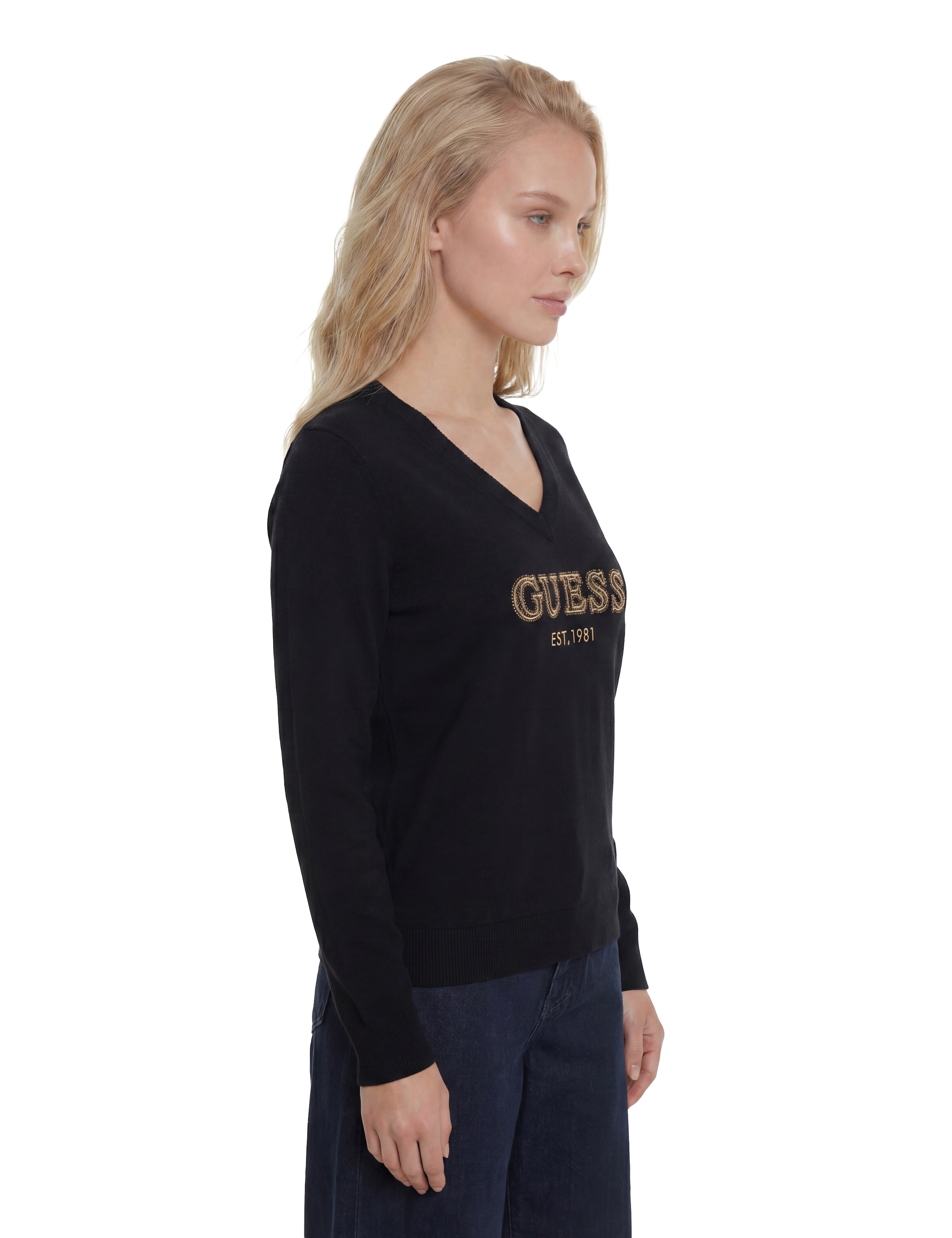 Guess V-Ausschnitt-Pullover »LS VN HANNAH LOGO SWTR« aus Viskosemix, Logoschriftzug