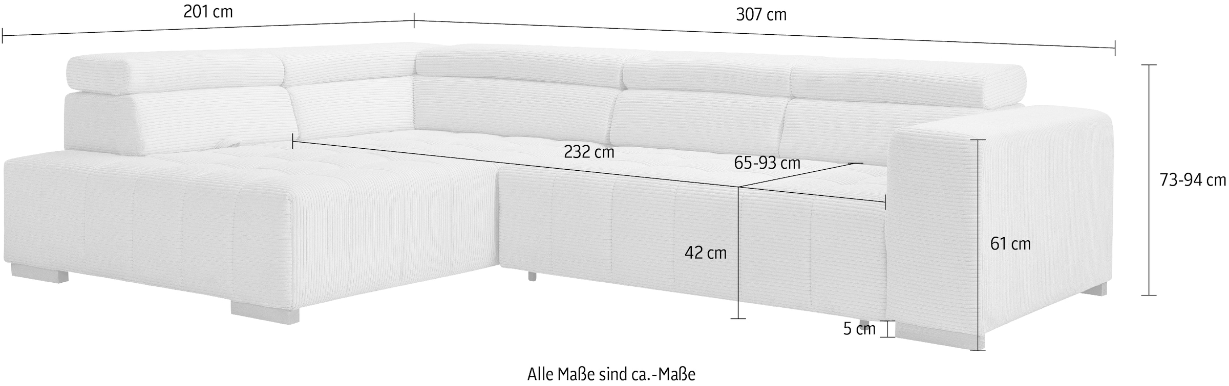 exxpo - sofa fashion Ecksofa »Elianos, hoher Sitzkomfort, aufwendige Kreuzsteppung im Sitz, L-Form«, Kopfteile & Sitztiefe verstellbar, mit Bettfunktion, Cord, cappuccino