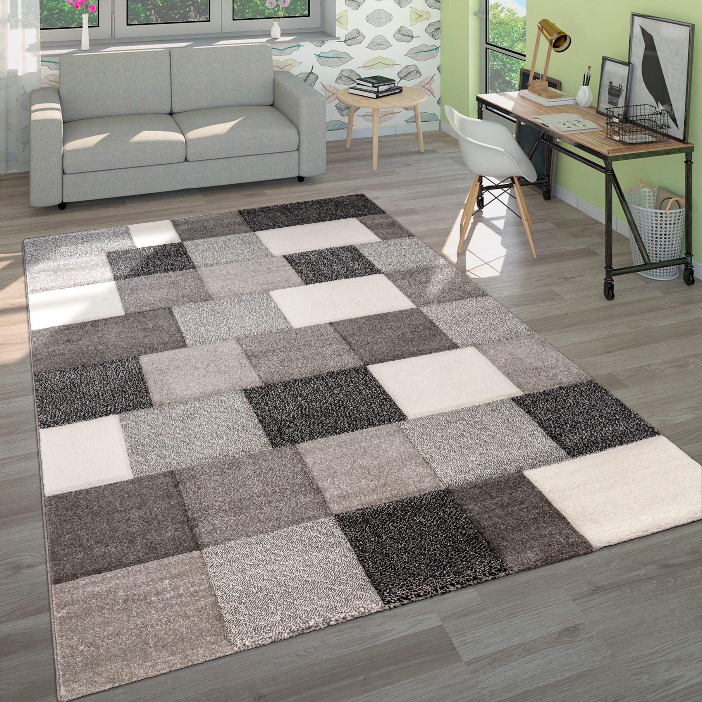 Paco Home Teppich »Brilliance 656«, rechteckig, 17 mm Höhe, Kurzflor, modernes Karo Design, handgefertigter Konturenschnitt