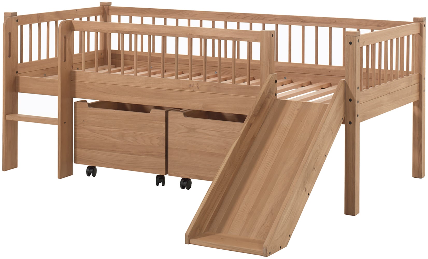 Vipack Massivholzbett »Forrest Made in Europe, stabil und hochwertig gebaut, mit 2 Rollboxen« 90/200 cm, mit Rollrost, Leiter und Rutsche, seitenverkehrt montierbar,  inkl. umlaufenden Absturzschutz in Sprossenoptik, Eiche natur geölt