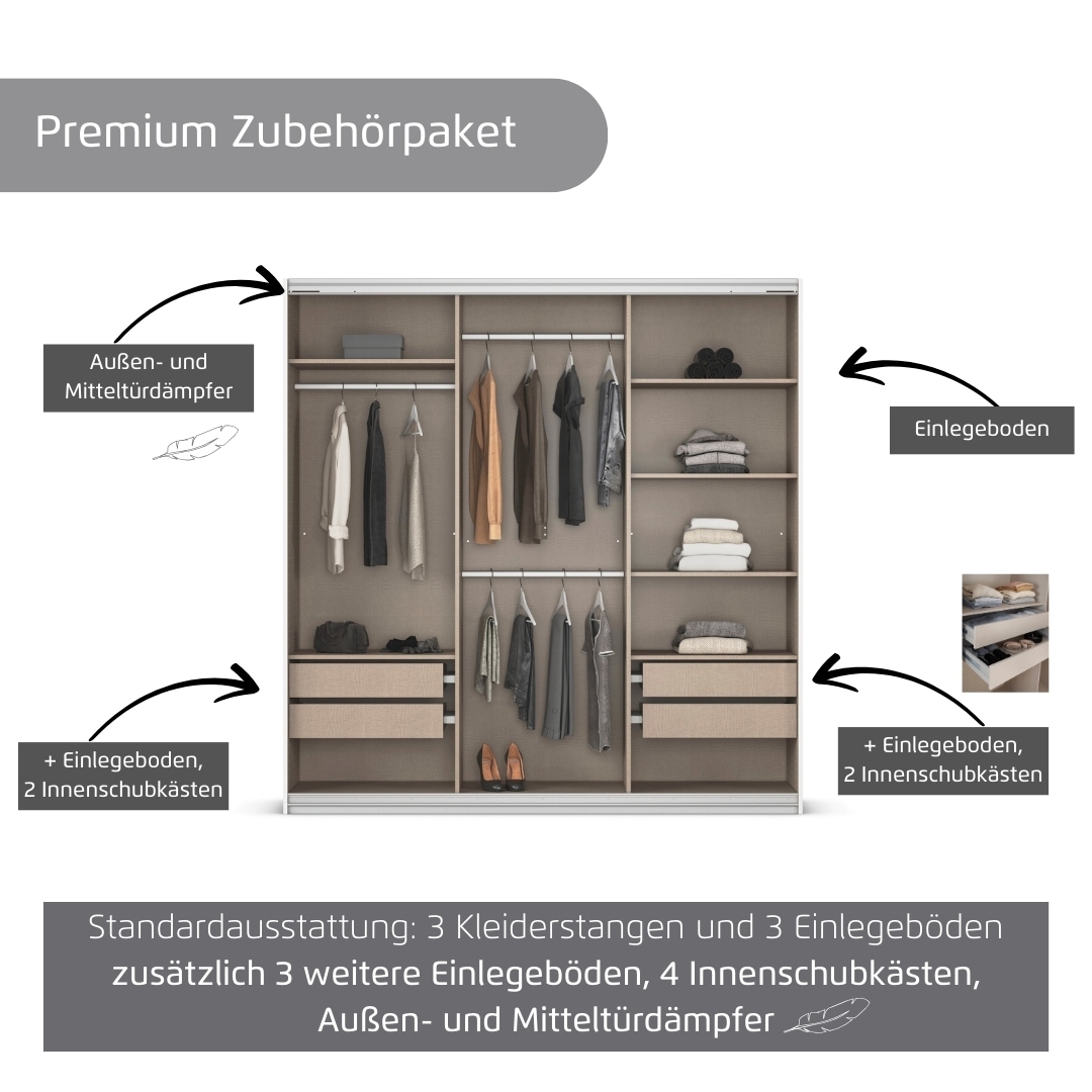 rauch Kleiderschrank »Schwebetürenschrank OTTO´s Choice Garderobe Schrank TOP ANGEBOT Avola«, (in 3 verschiedenen Ausstattungen BASIC/CLASSIC/PREMIUM inkl. Spiegel), mit eleganten Zierleisten in Chrom, Schwarz oder Weiß MADE IN GERMANY