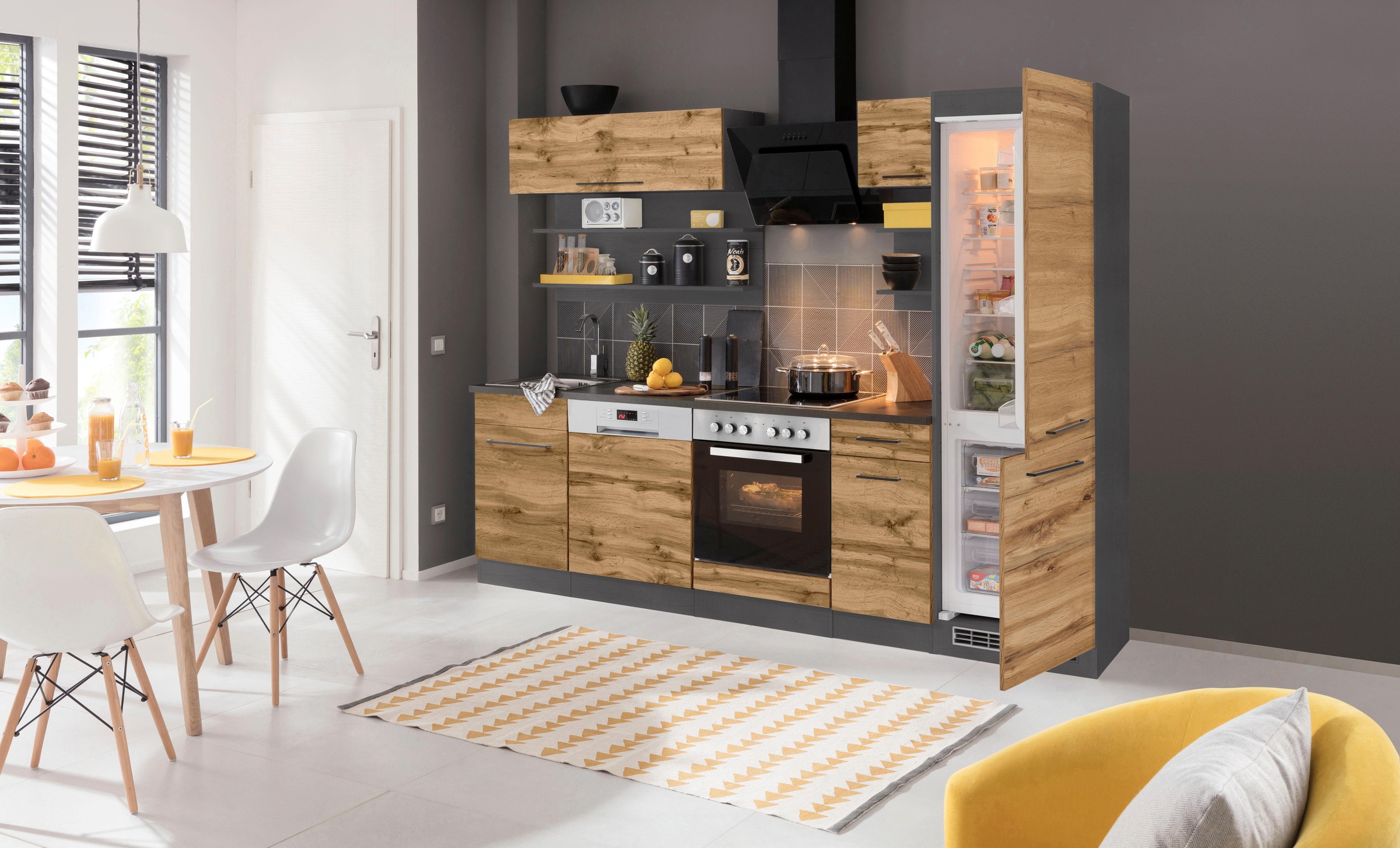 KOCHSTATION Küchenzeile »KS-Tulsa« mit E-Geräten, Breite 270 cm, schwarze Metallgriffe, MDF Fronten