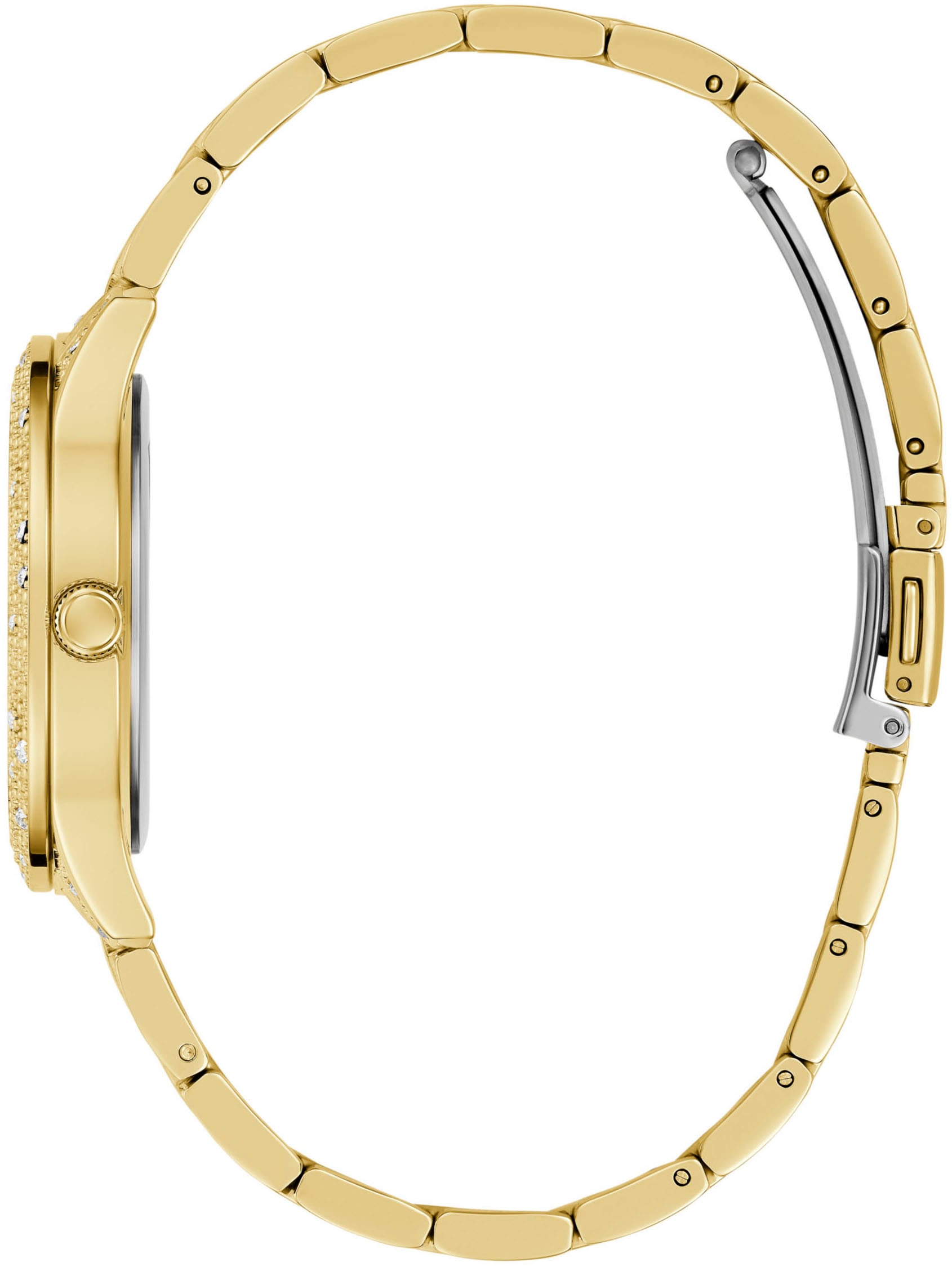 Guess Quarzuhr »SHOOTING STAR«, Armbanduhr, Damenuhr, Kristallsteine, Mineralglas, Edelstahlarmband