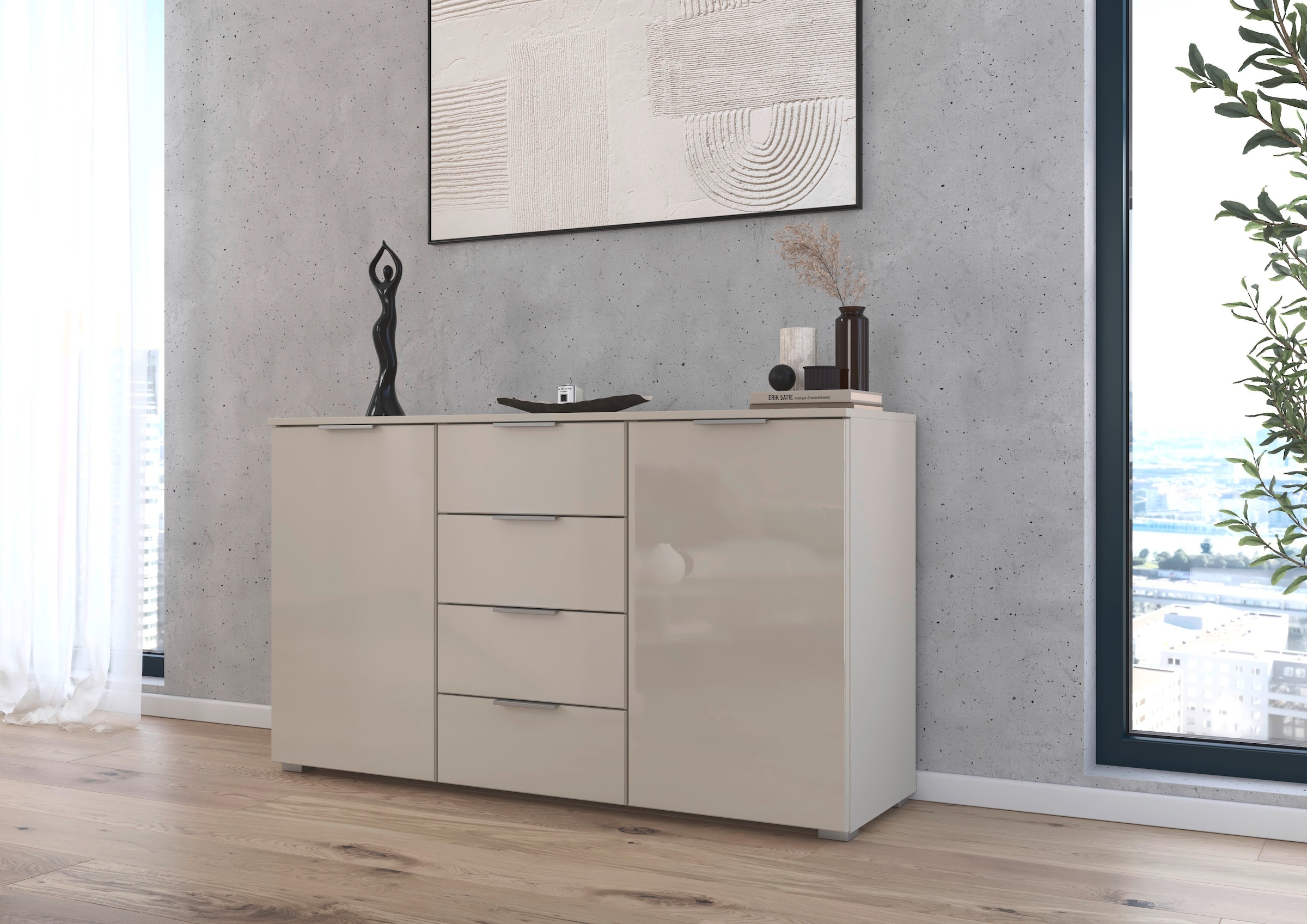 rauch Kombikommode »Sideboard Kombikommode Schubladenkommode AGORDO mit Glasfront«, (in zwei Griff-Farben, Breite 120 cm inkl. Soft-Close-Funktion), vier große Schubladen, mit insgesamt 4 Einlegeböden MADE IN GERMANY