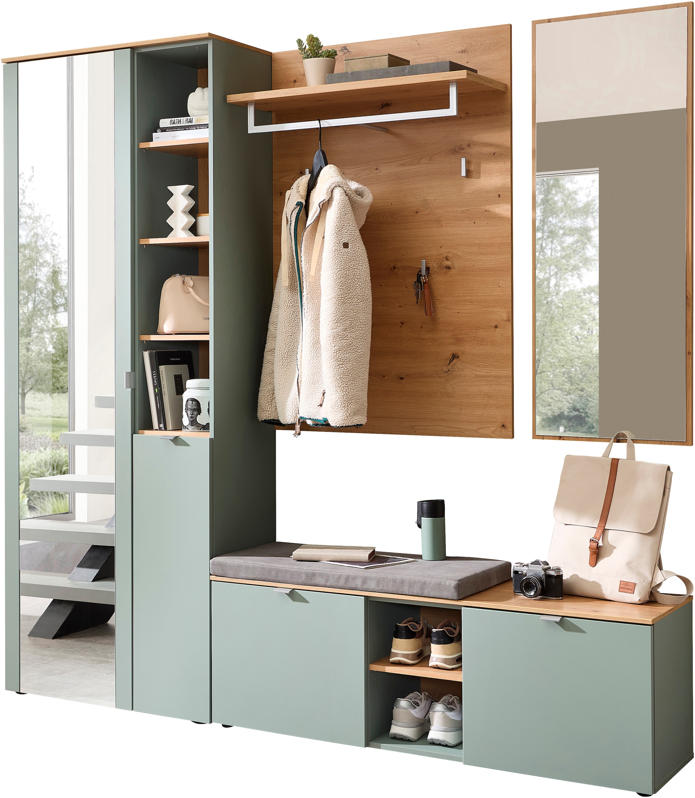 INNOSTYLE Garderoben-Set »Bari Garderobenprogarmm, BxHxT 206x202x38 cm« Set, 4 Stk. tlg. schilfgrün/Artisan Eiche MODERN - Das Zusammenspiel von...