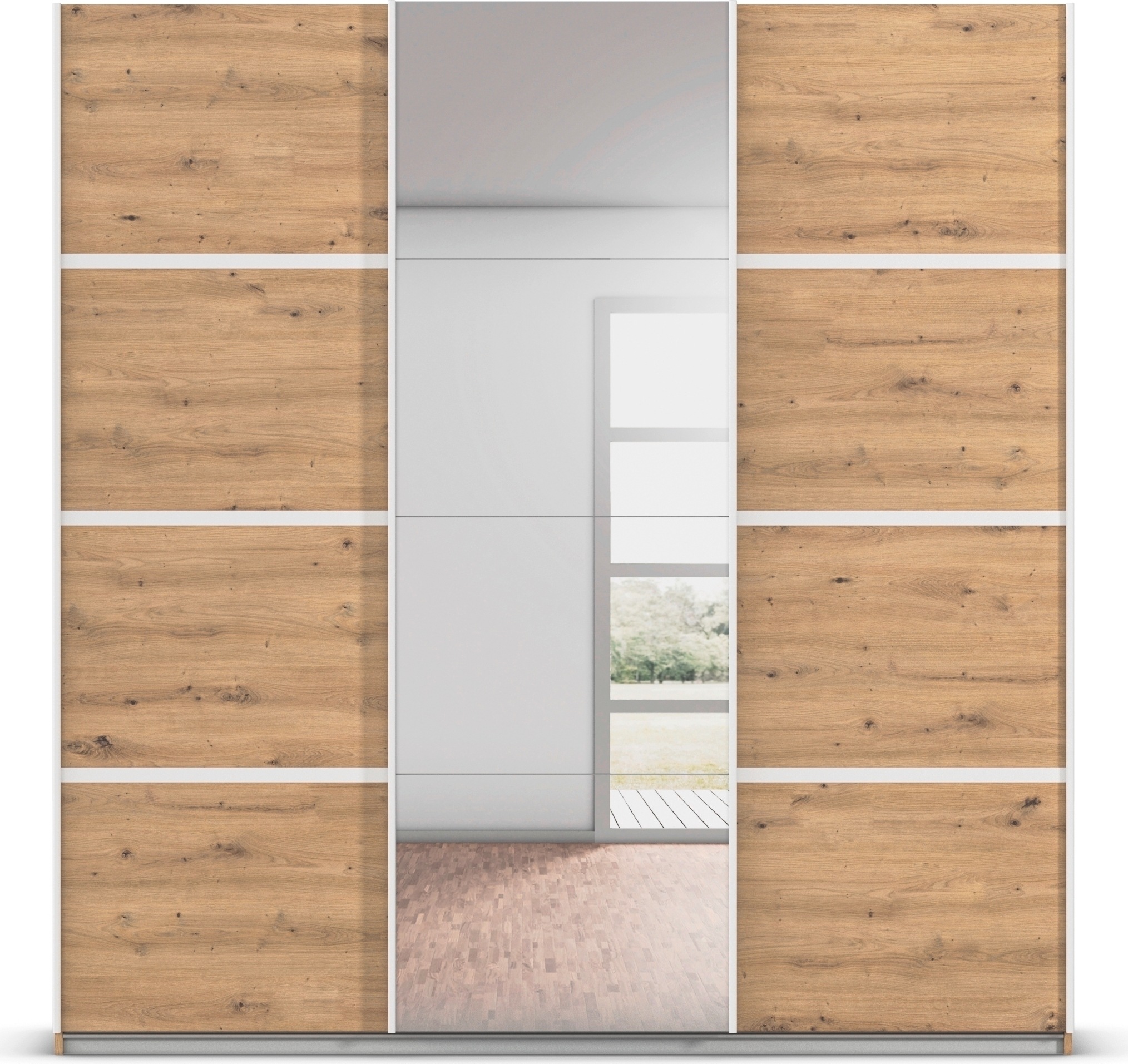 rauch Kleiderschrank »Schwebetürenschrank Garderobe Schrank TOP ANGEBOT Avola«, (in 3 verschiedenen Ausstattungen BASIC/CLASSIC/PREMIUM inkl. Spiegel), mit eleganten Zierleisten in Chrom, Schwarz oder Weiß MADE IN GERMANY