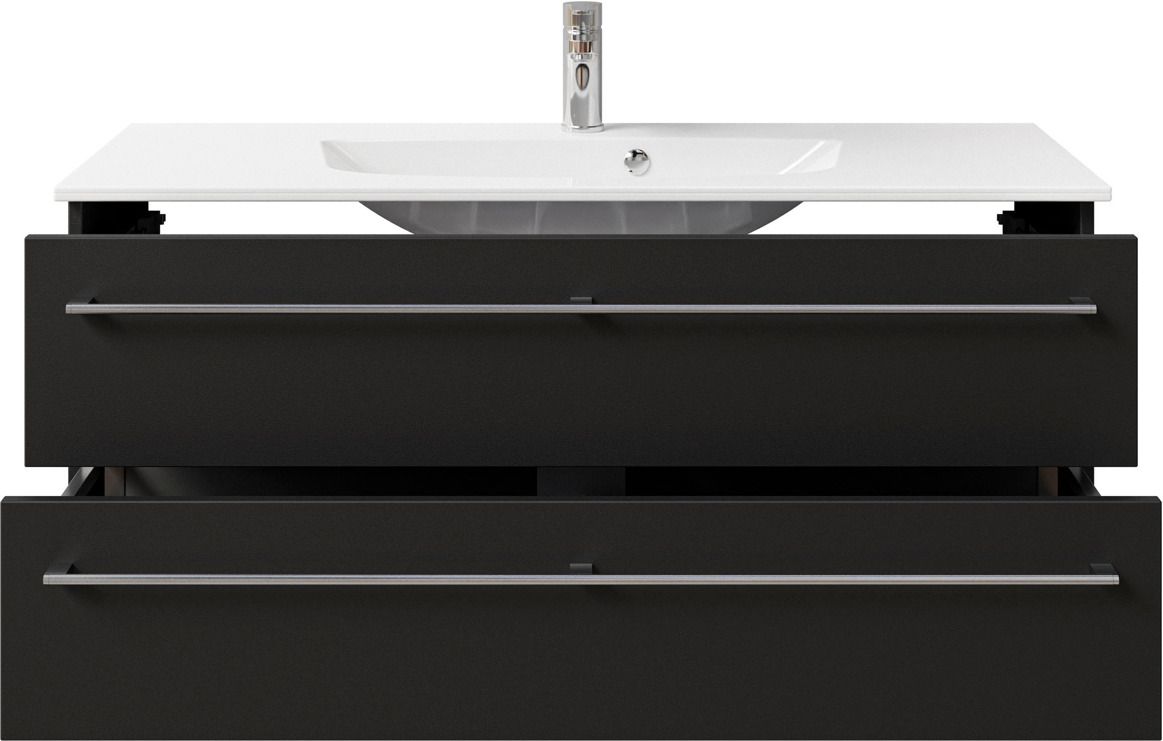 Saphir Badmöbel-Set »Serie 6025 2-teilig Mineralmarmor-Waschtisch mit LED-Spiegelschrank«, (2 St.), Waschplatz 117cm breit, 2 Schubladen, 3 Spiegel-Türen, inkl Türdämpfer