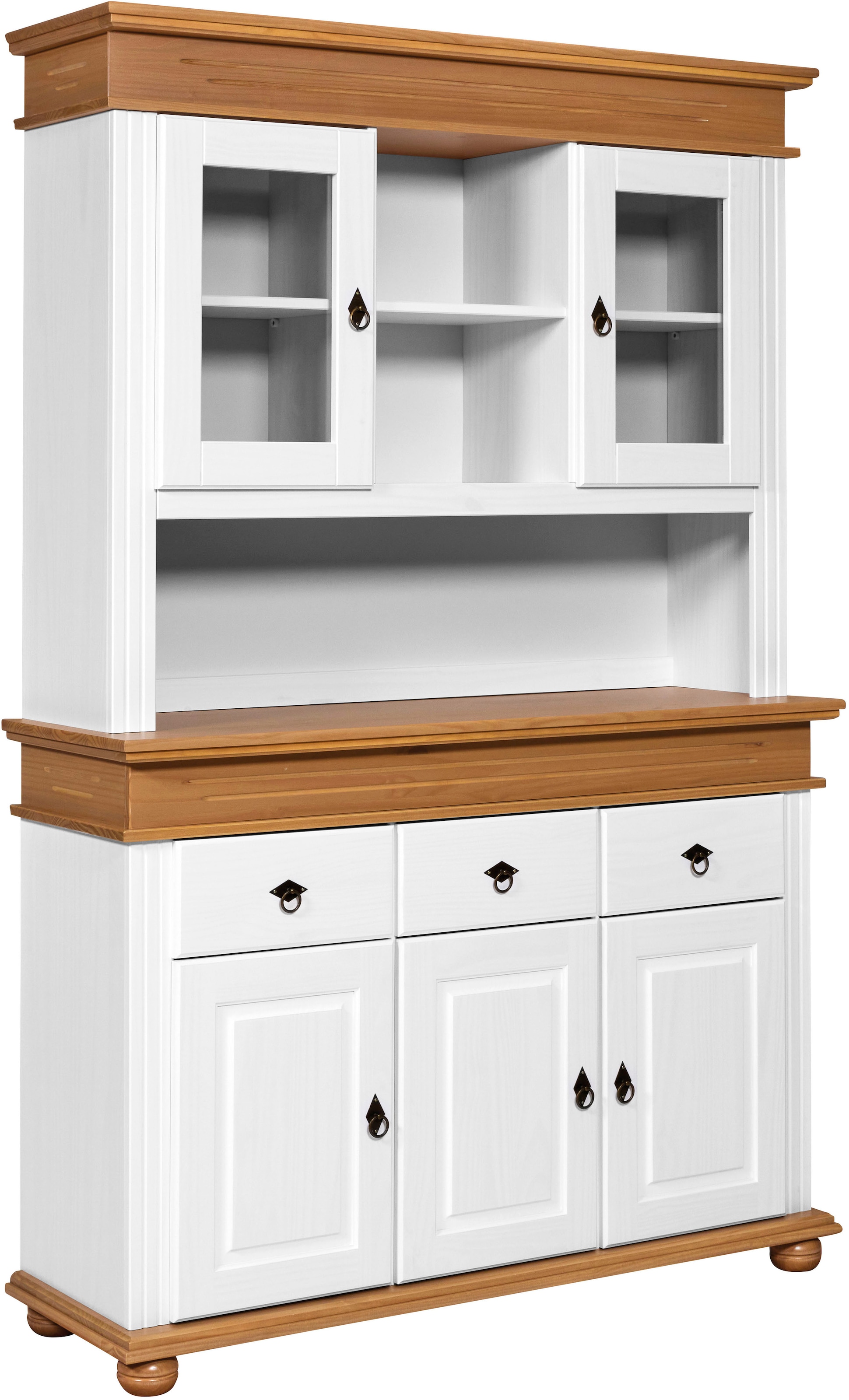 Inter Link Buffet »Halmaro, Kiefer Massivholz, Weiss/Grau-Lava, 141 x 46,30 x 213 cm« 1 Stk. tlg. Vitrine im Laudhausstil, Küchenschrank mit Glastüren, viel Stauraum