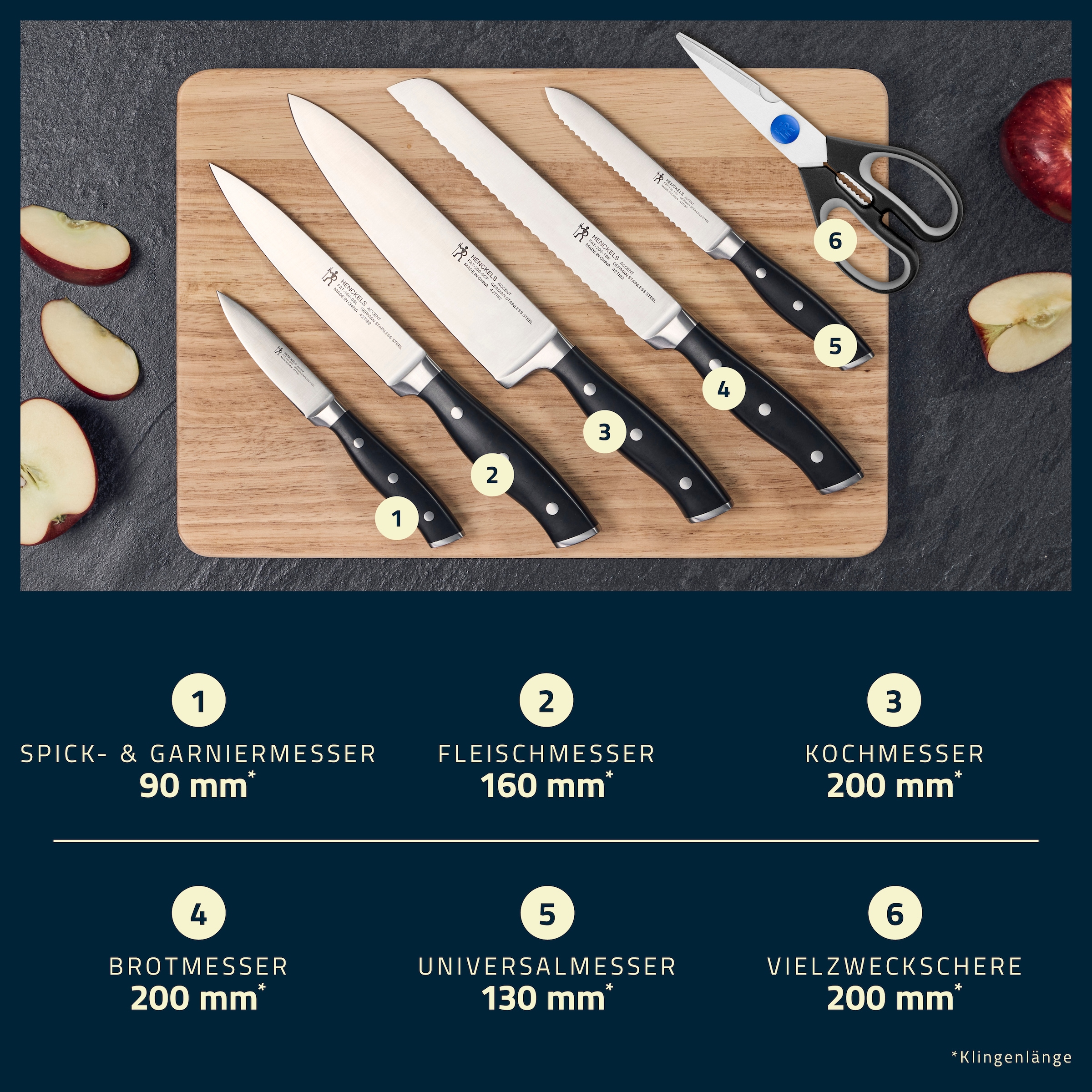 HENCKELS by ZWILLING Messerblock »Accent« 7 Messer mit 3-Nieten-Design-Griffen, Rostfreie Klingen