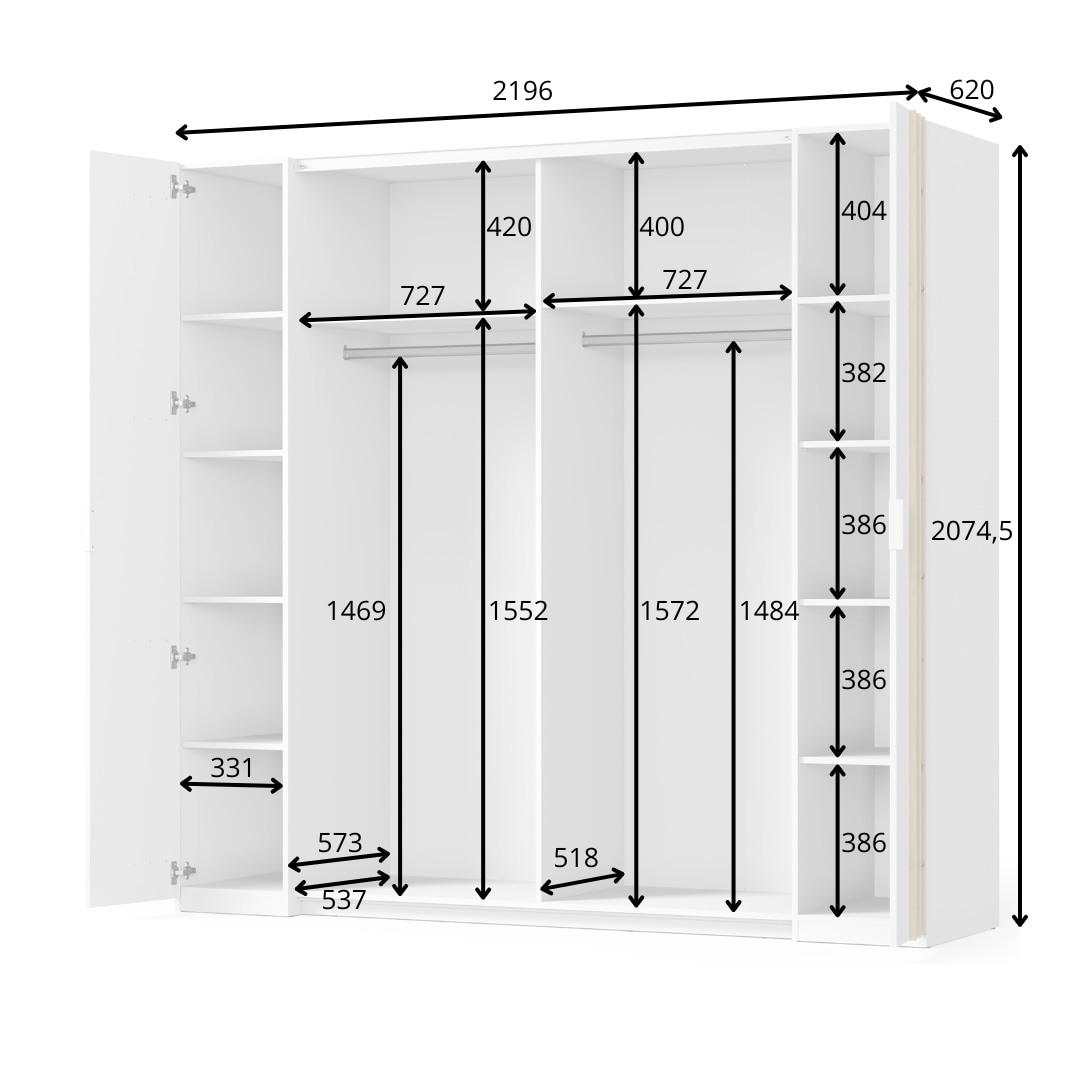 INOSIGN Kleiderschrank »Kleiderschrank Calera mit Spiegel, 10 Einlegeböden und Kleiderstange«, Garderobe mit 2 Schwebetüren und 2 Drehtüren, BxHxT 219,6x207,5x62 cm