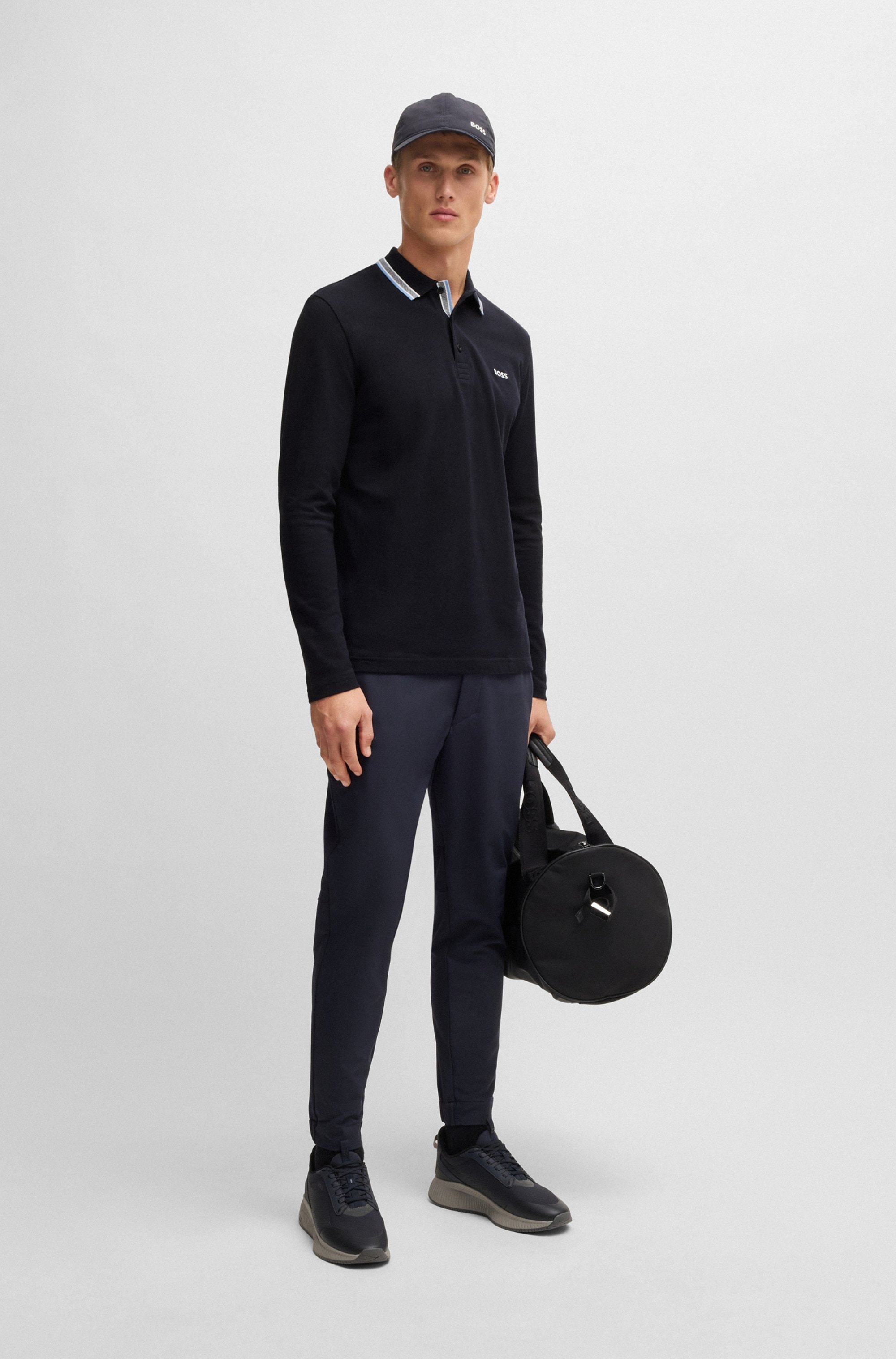 BOSS GREEN Langarm-Poloshirt »Plisy«, mit Streifen am Kragen