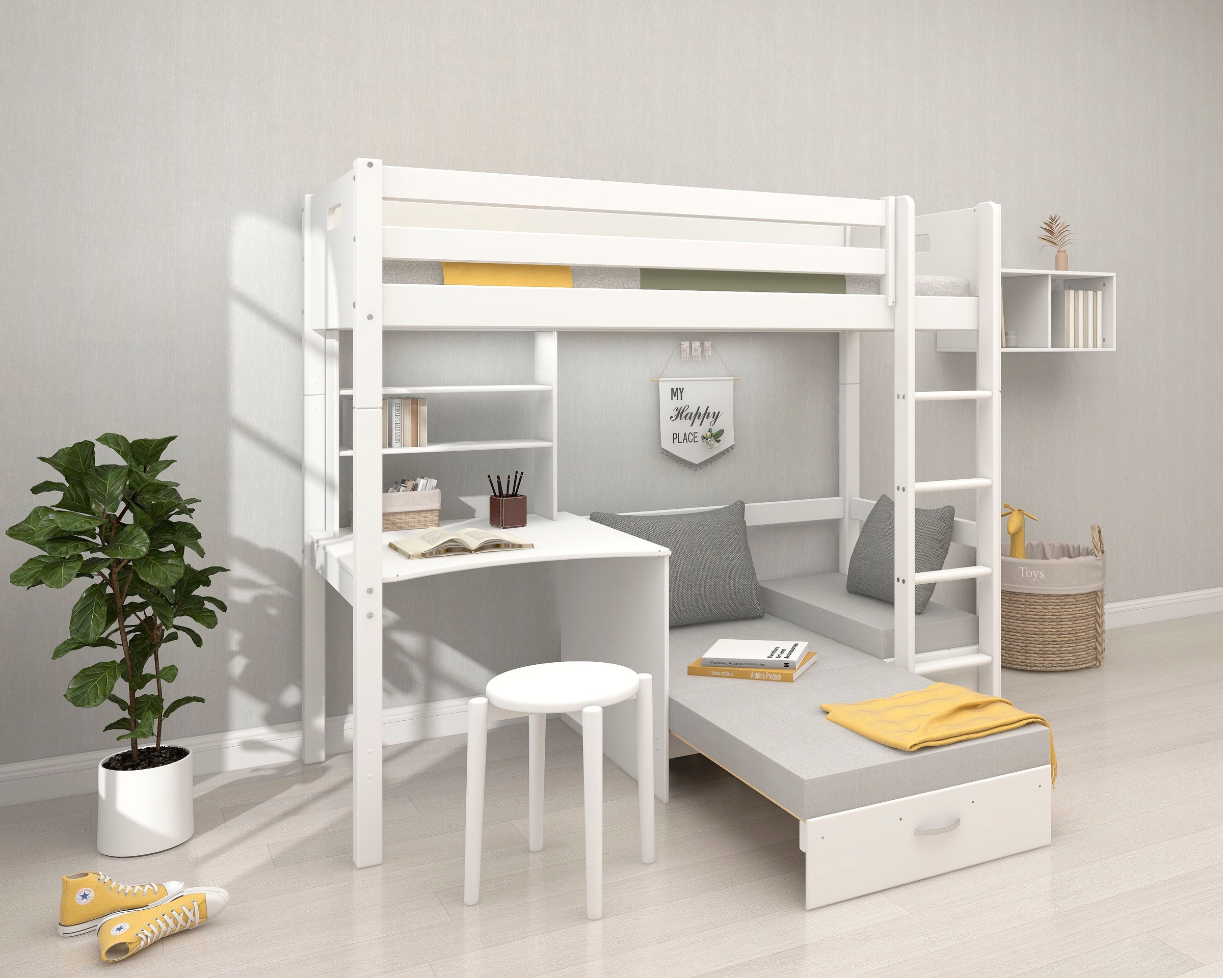 Hochbett “ Nordic“, produziert by Flexa,Umbaubar in Einzelbett, incl Rollrost, weiß Breite Absturzsicherung vorne in Kiefer-Sofabett incl.Matratze und 2 Kissen-Schreibtisch und Regal