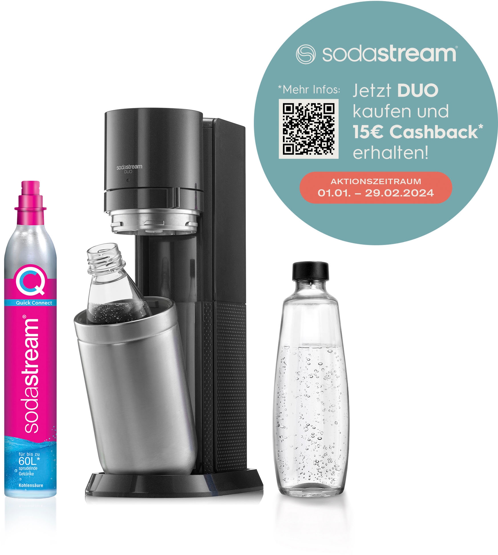 SodaStream Wassersprudler tlg.), »DUO«, bestellen online 4 1L Kunststoff-Flasche (Set, mit CO2-Zylinder, Glasflasche 1x spülmaschinenfeste und 1L 1x