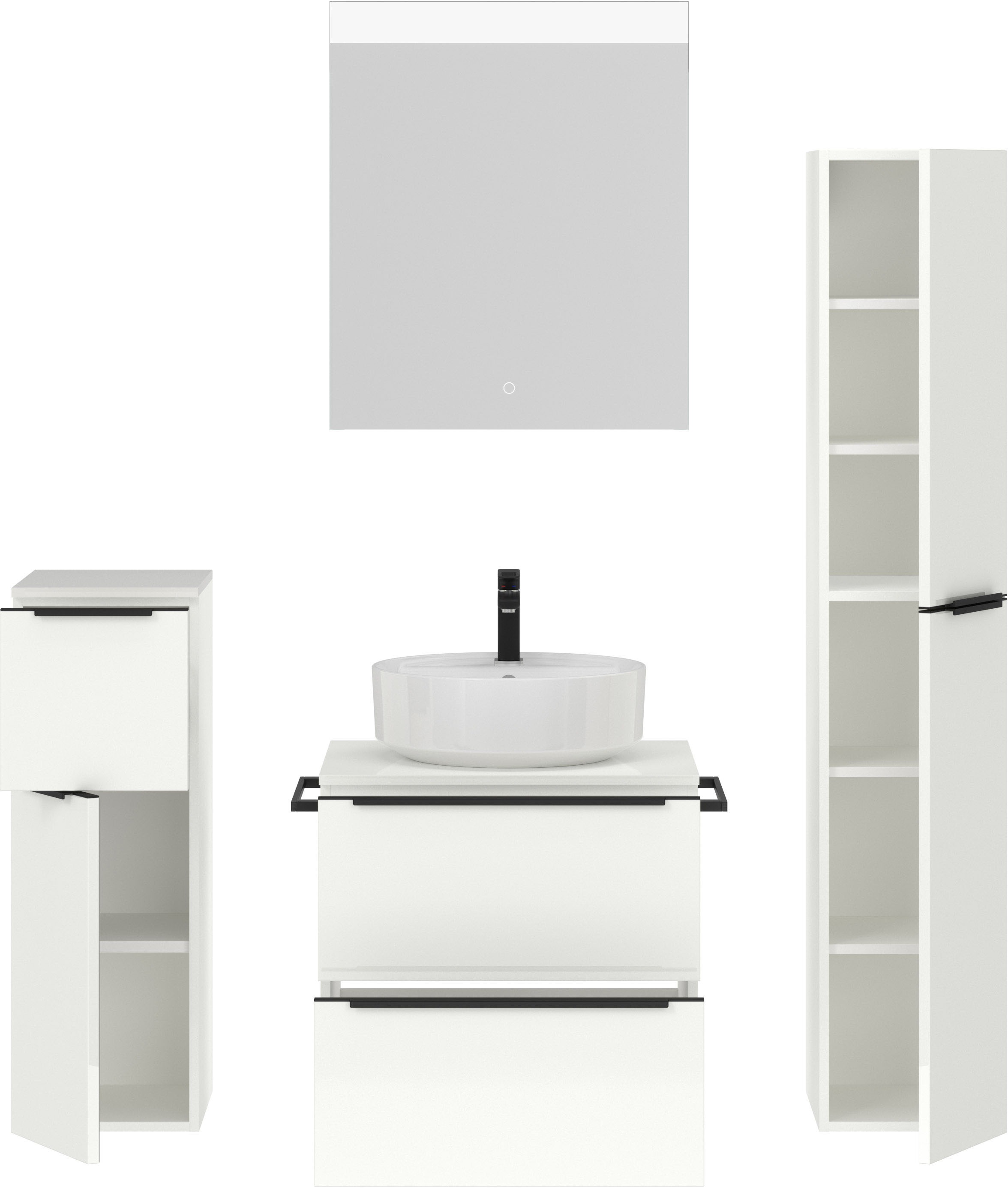 nobilia® Badmöbel-Set »Alvene«, (4 St., vormontiert, mit Soft-Close), Hochglanz, inkl. Spiegel mit Touch-Sensor, in vier Breiten